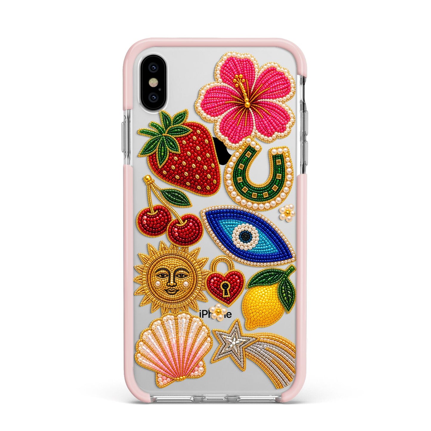 Dolce Fortune Charms Apple iPhone Xs Max Impact Case Pink Edge on Silver Phone