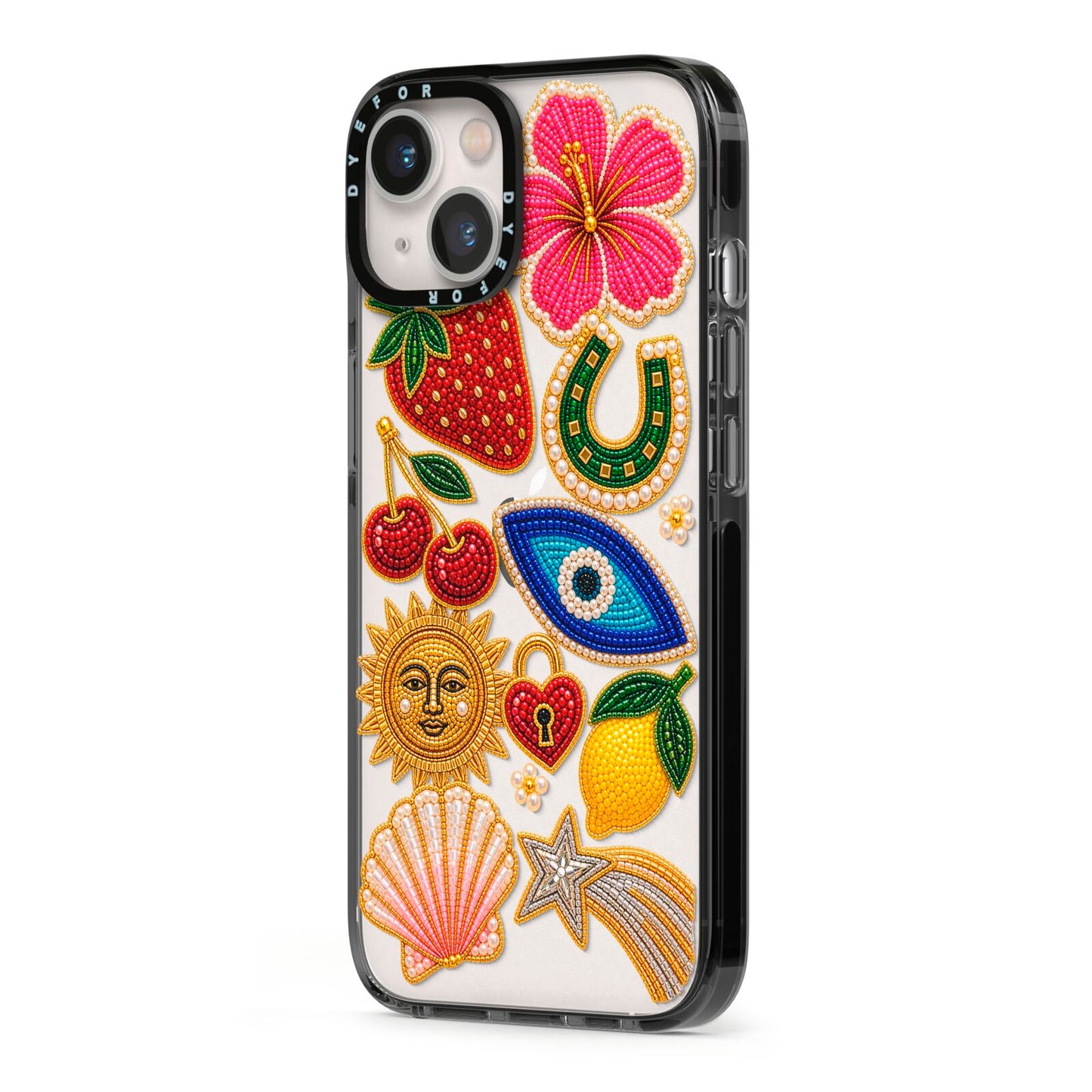 Dolce Fortune Charms iPhone 13 Black Impact Case Side Angle on Silver phone