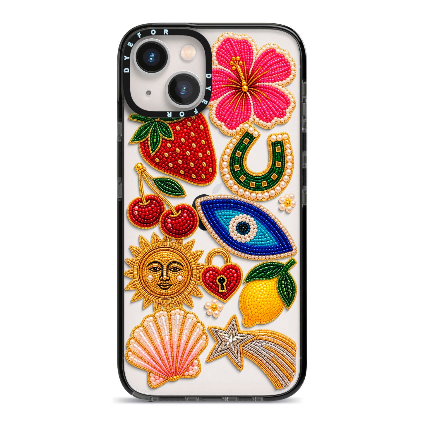 Dolce Fortune Charms iPhone 13 Black Impact Case on Silver phone
