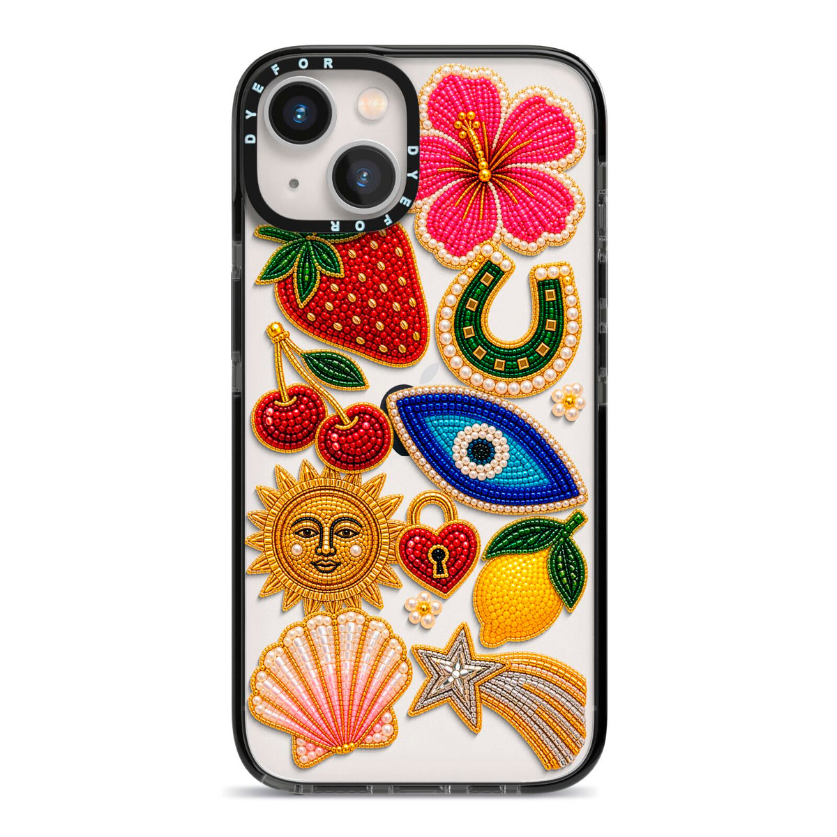 Dolce Fortune Charms iPhone 13 Black Impact Case on Silver phone