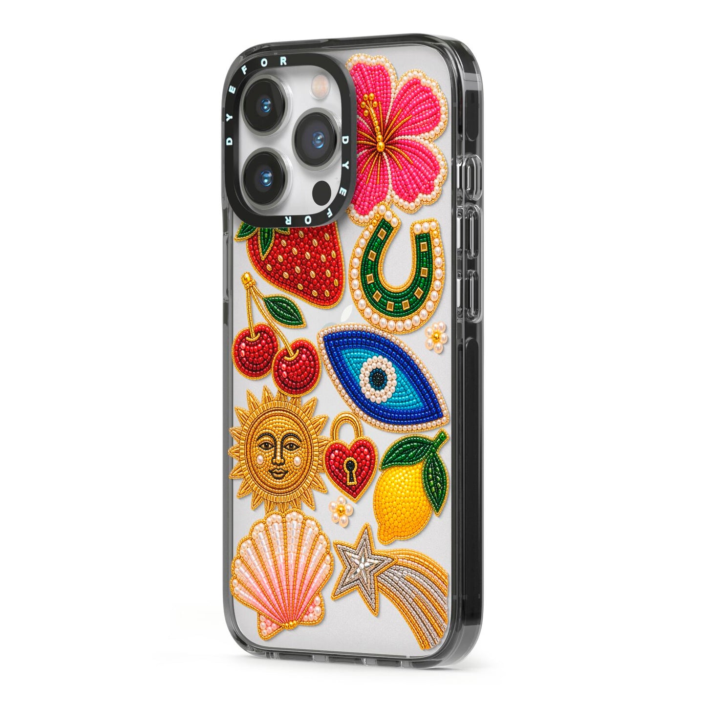 Dolce Fortune Charms iPhone 13 Pro Black Impact Case Side Angle on Silver phone