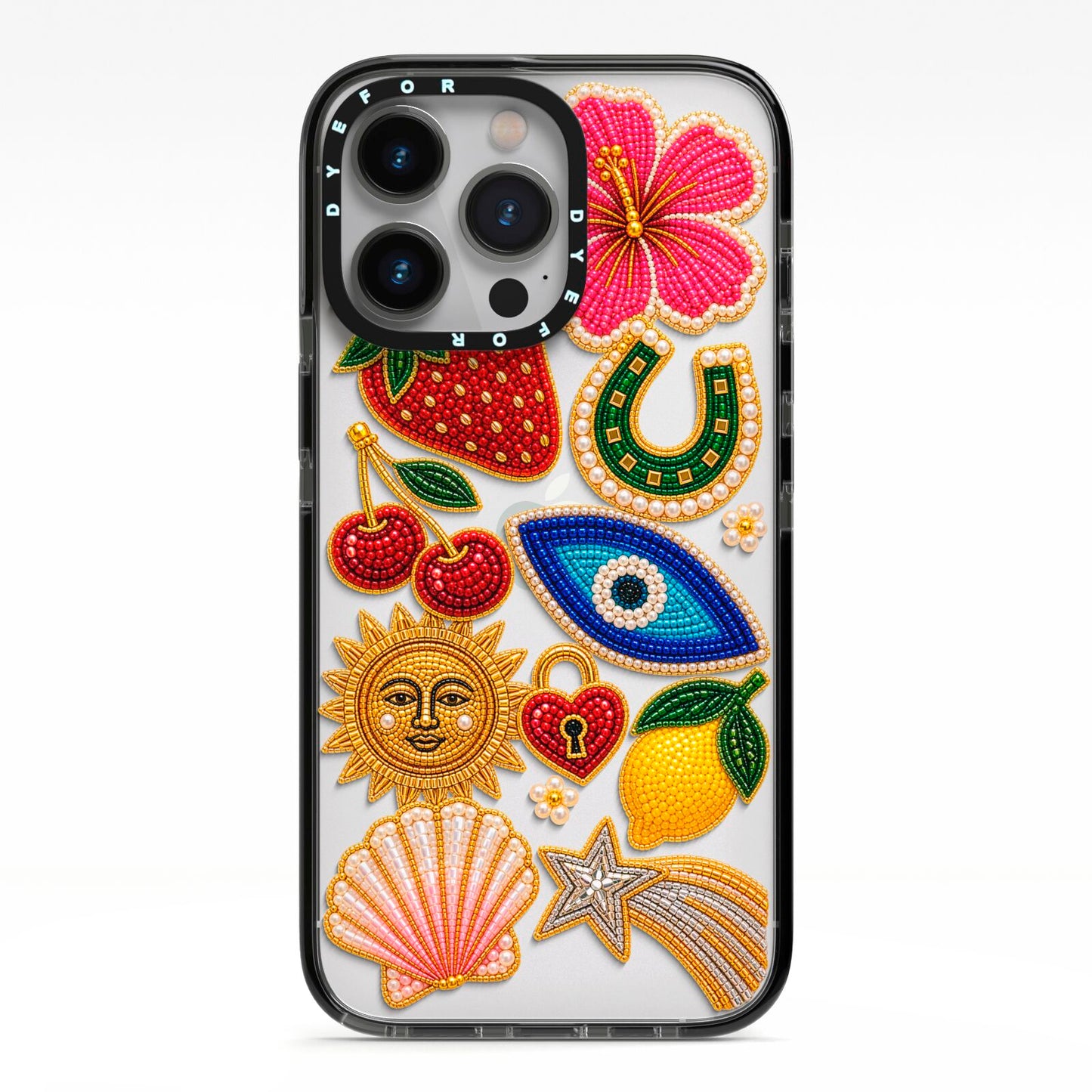 Dolce Fortune Charms iPhone 13 Pro Black Impact Case on Silver phone