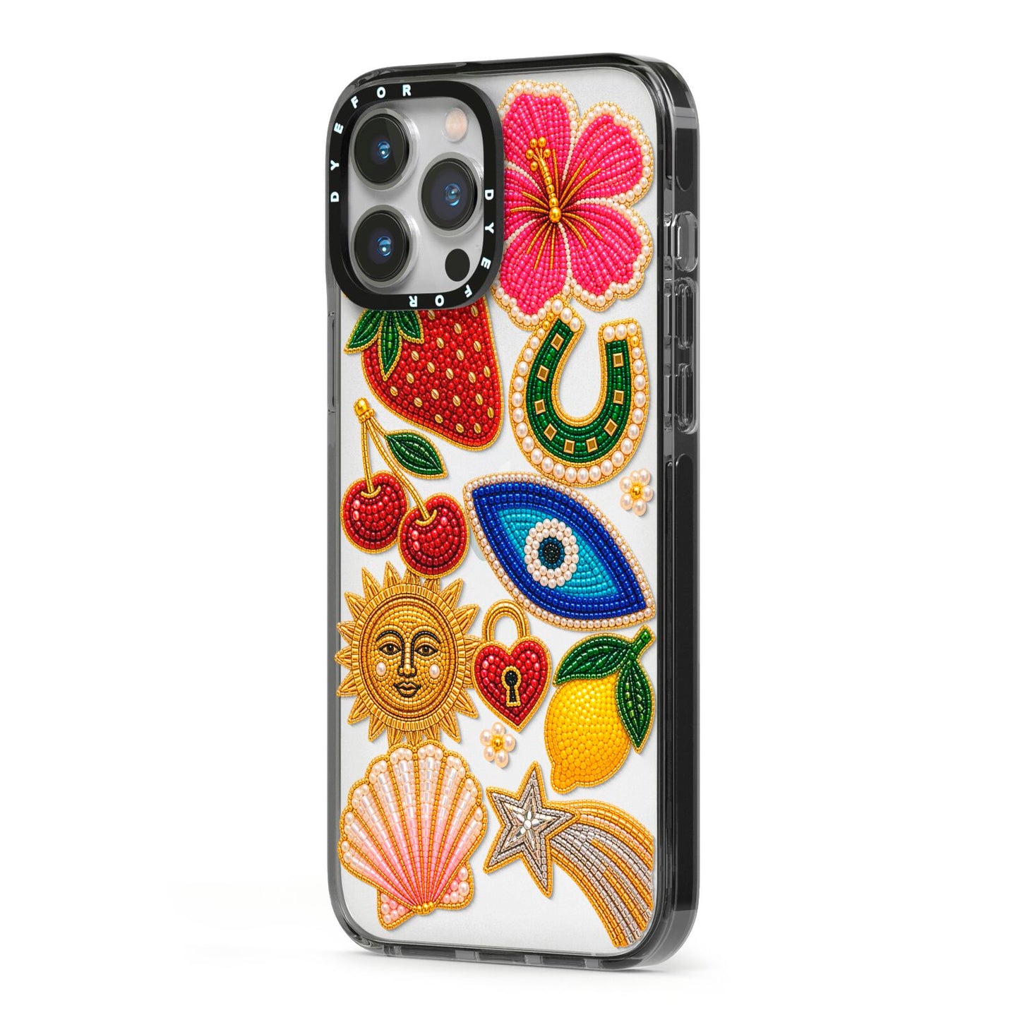 Dolce Fortune Charms iPhone 13 Pro Max Black Impact Case Side Angle on Silver phone