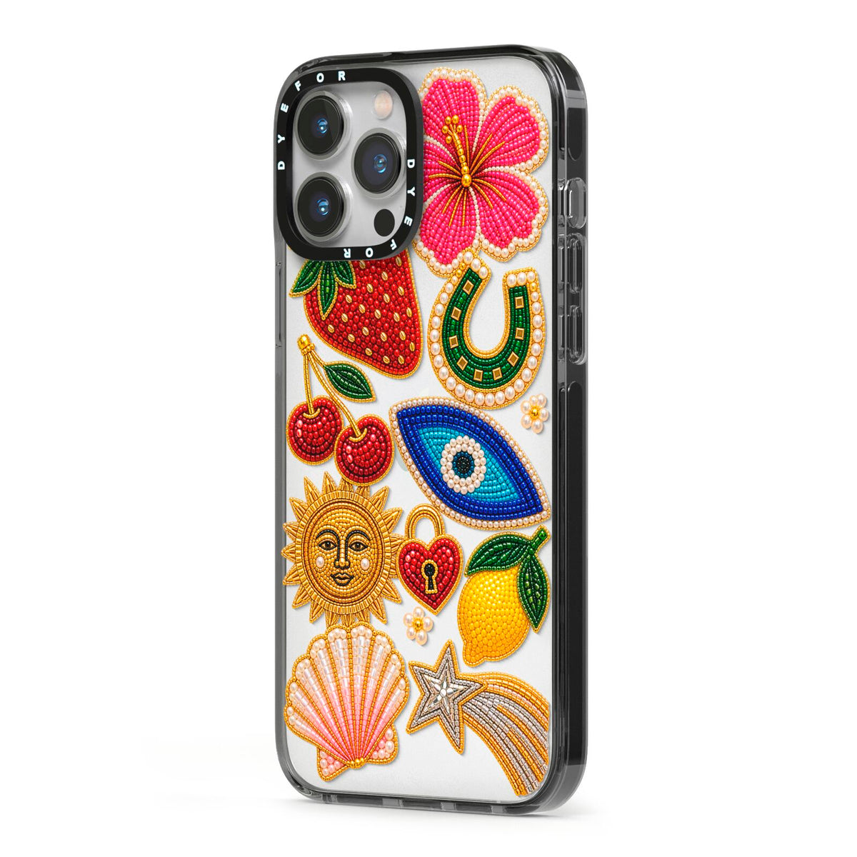 Dolce Fortune Charms iPhone 13 Pro Max Black Impact Case Side Angle on Silver phone