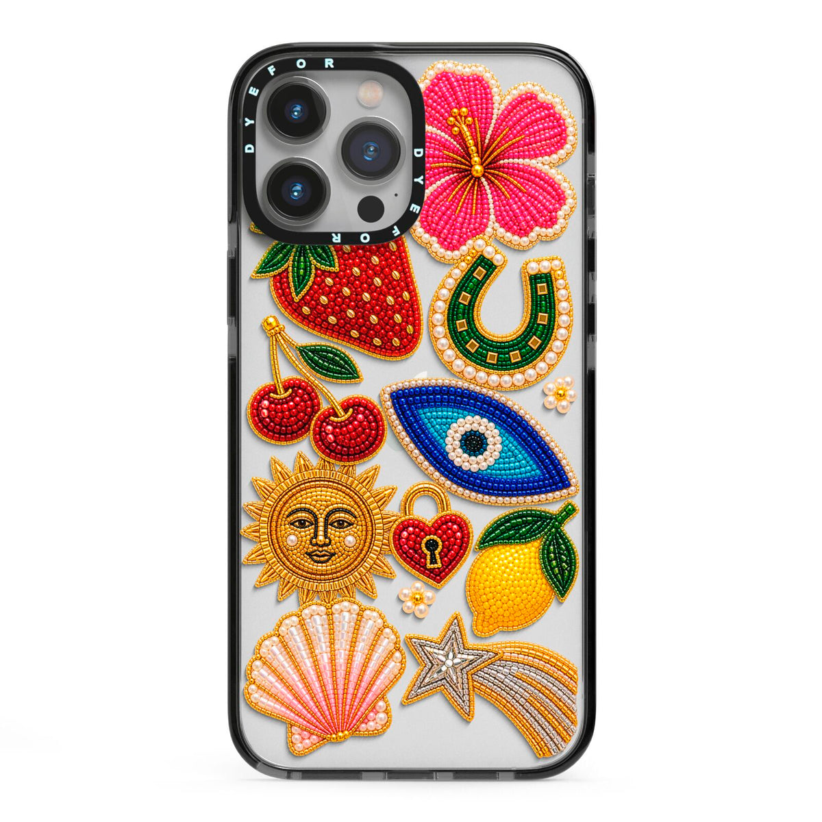 Dolce Fortune Charms iPhone 13 Pro Max Black Impact Case on Silver phone