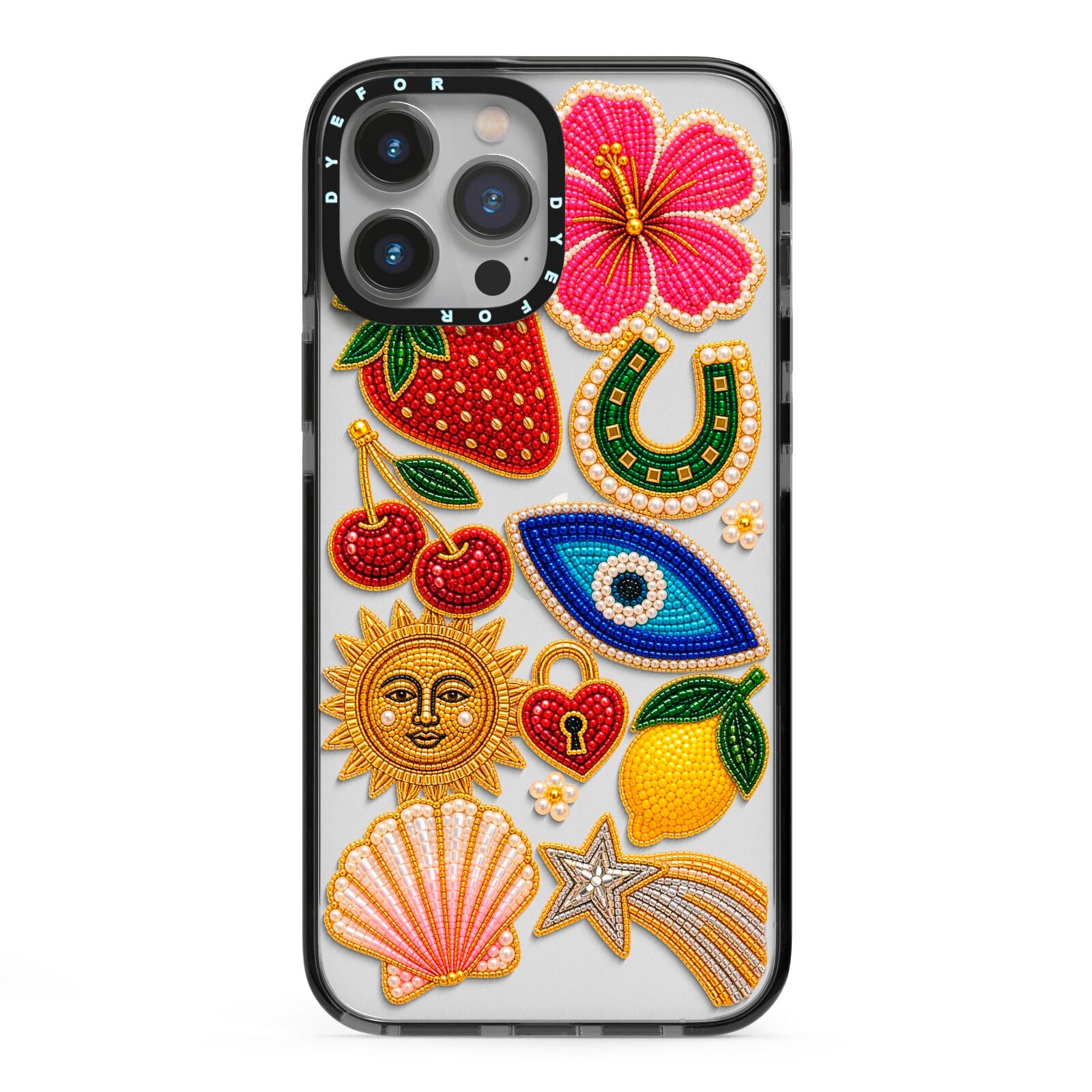 Dolce Fortune Charms iPhone 13 Pro Max Black Impact Case on Silver phone
