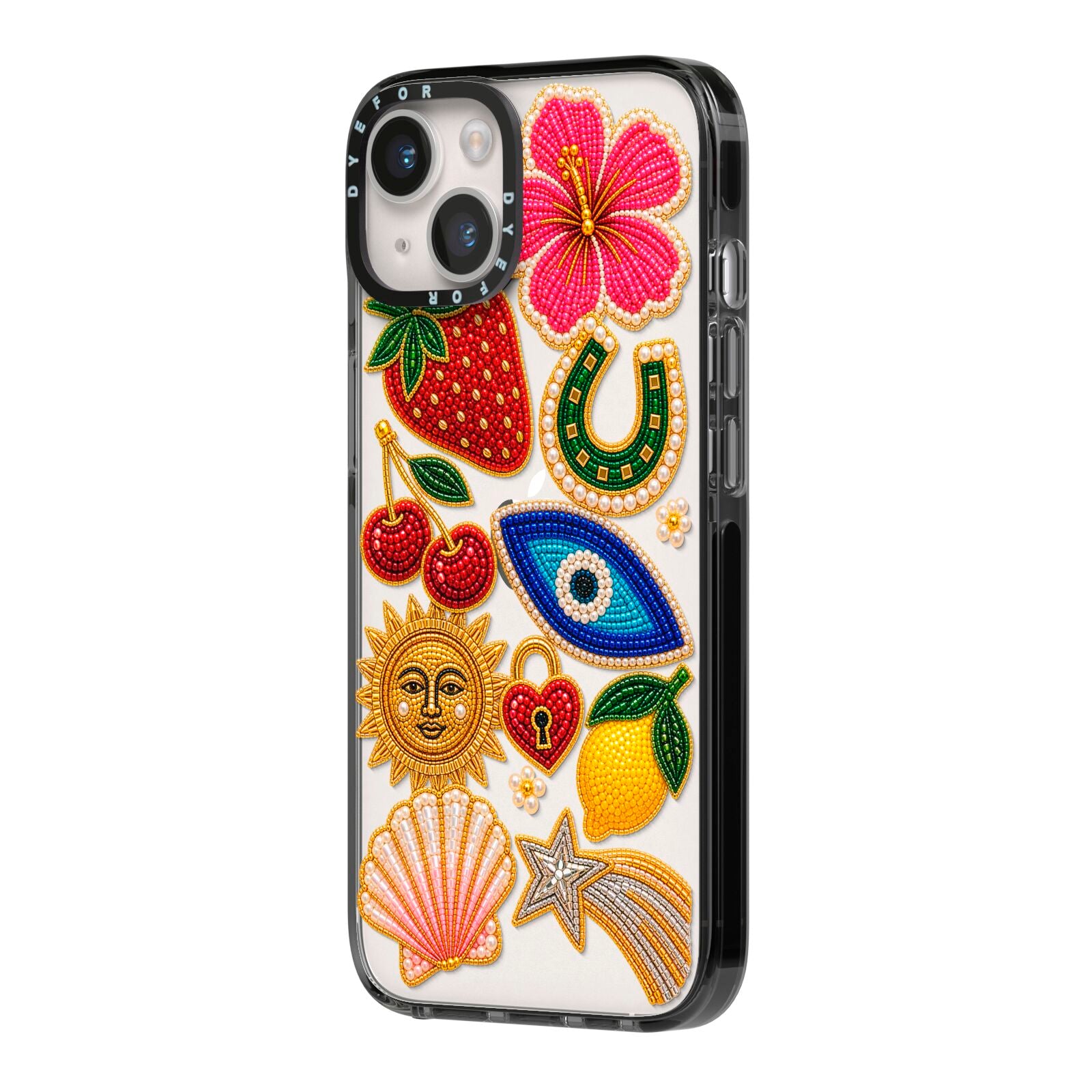 Dolce Fortune Charms iPhone 14 Black Impact Case Side Angle on Silver phone