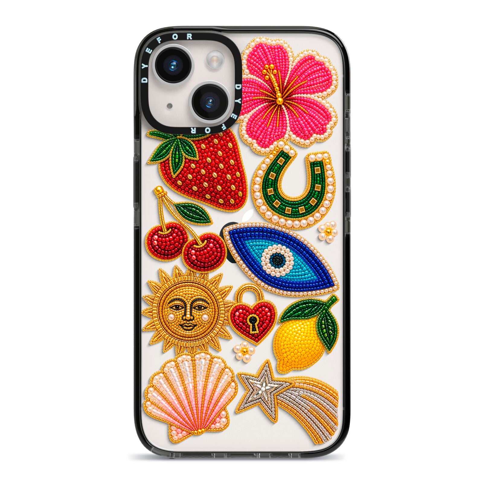 Dolce Fortune Charms iPhone 14 Black Impact Case on Silver phone