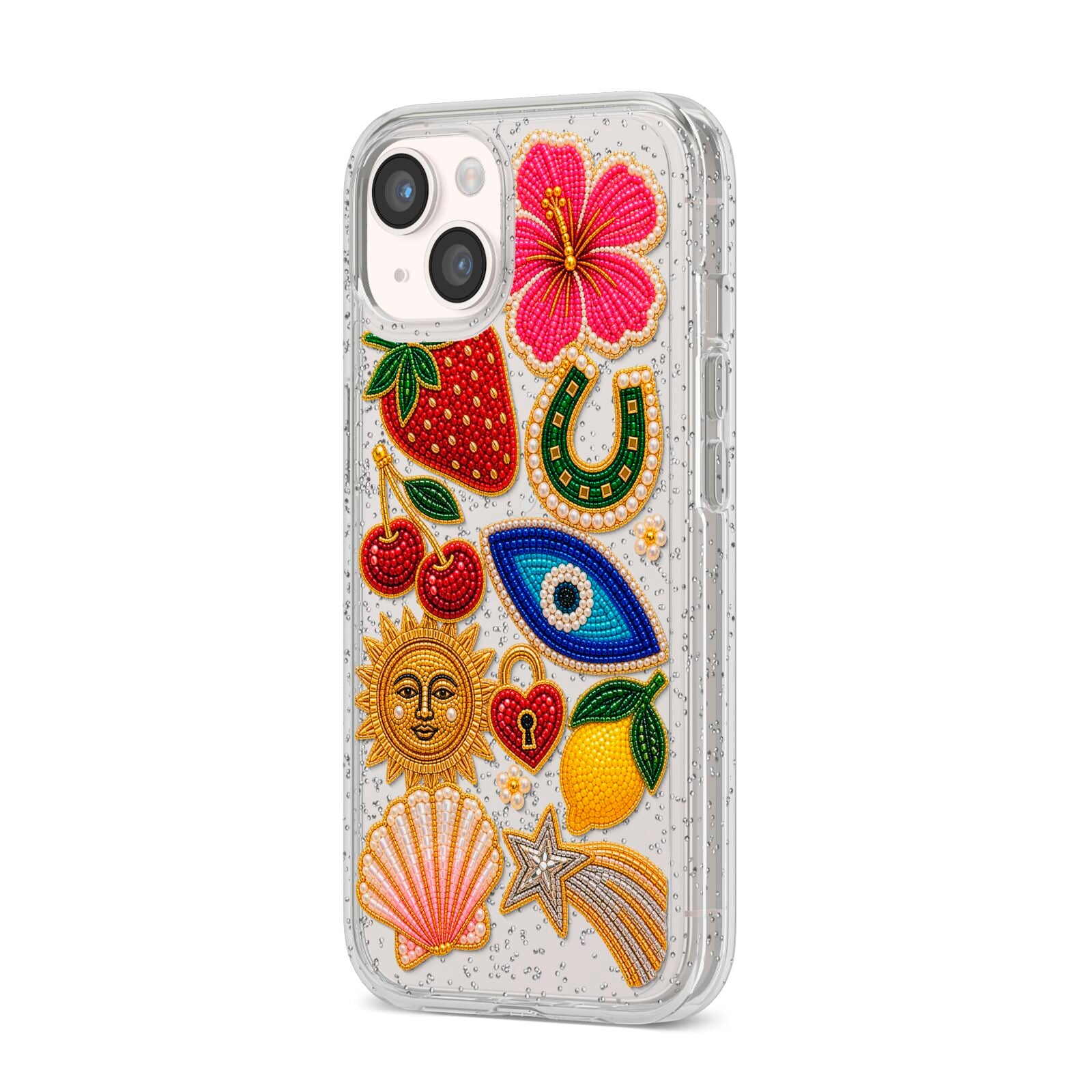 Dolce Fortune Charms iPhone 14 Glitter Tough Case Starlight Angled Image