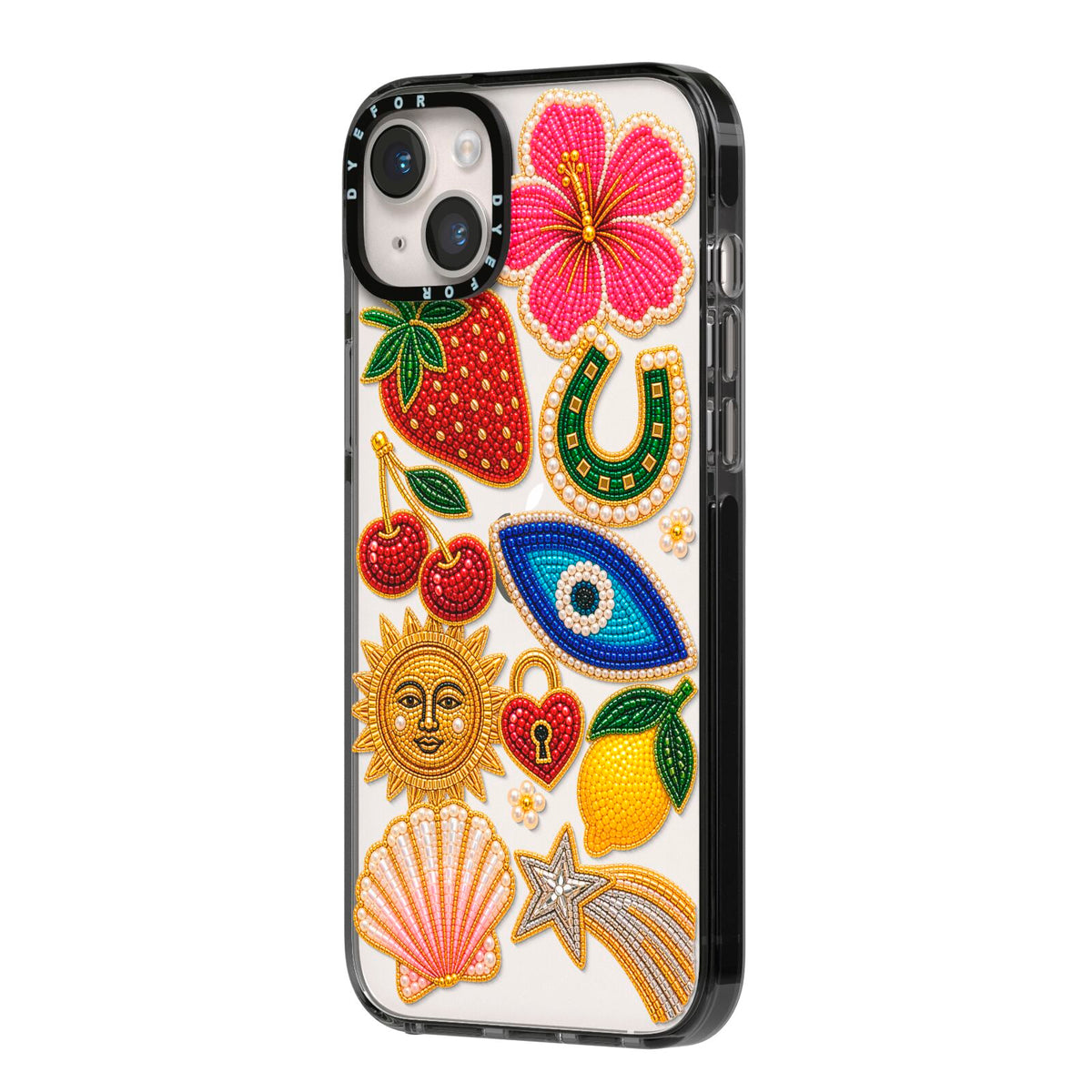 Dolce Fortune Charms iPhone 14 Plus Black Impact Case Side Angle on Silver phone