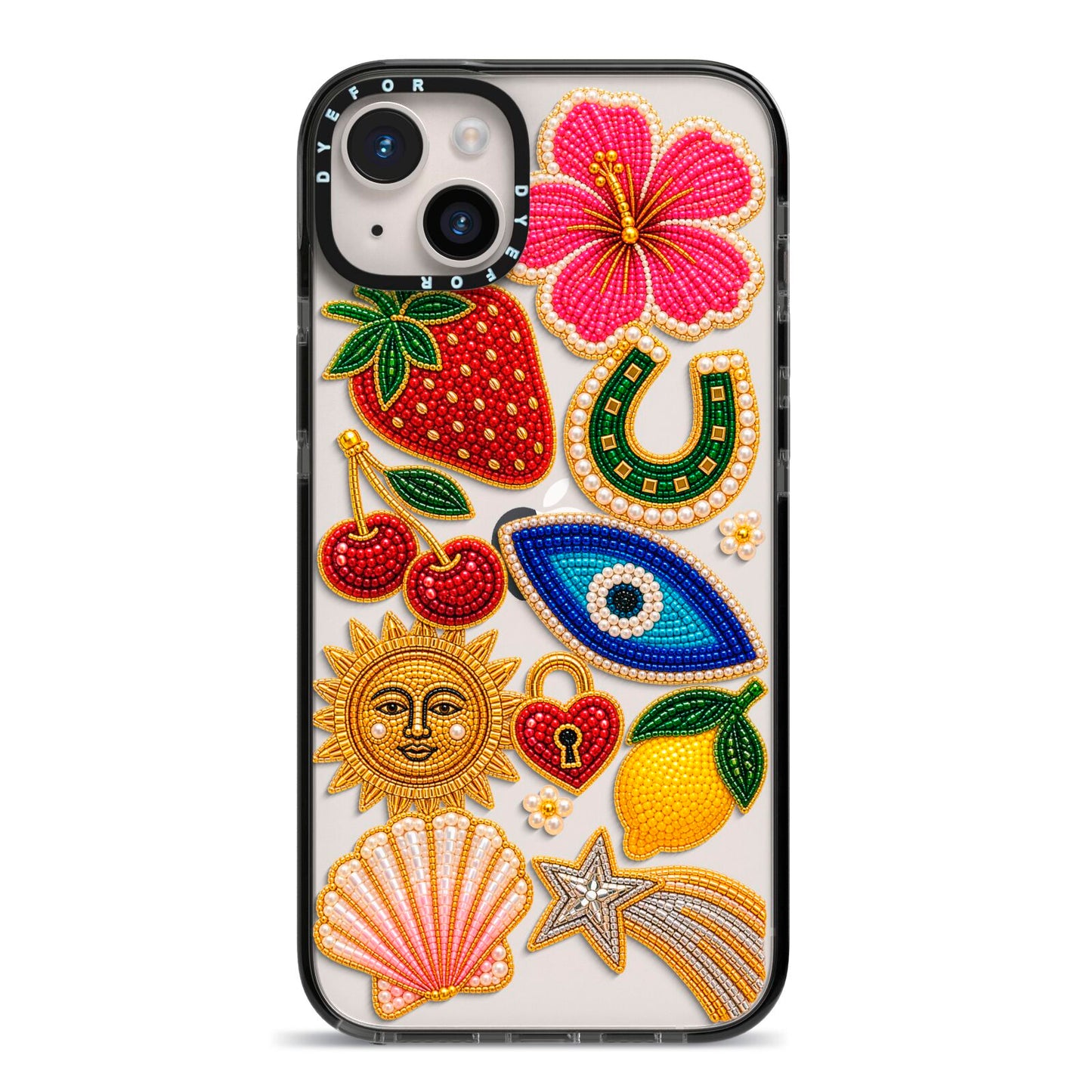 Dolce Fortune Charms iPhone 14 Plus Black Impact Case on Silver phone