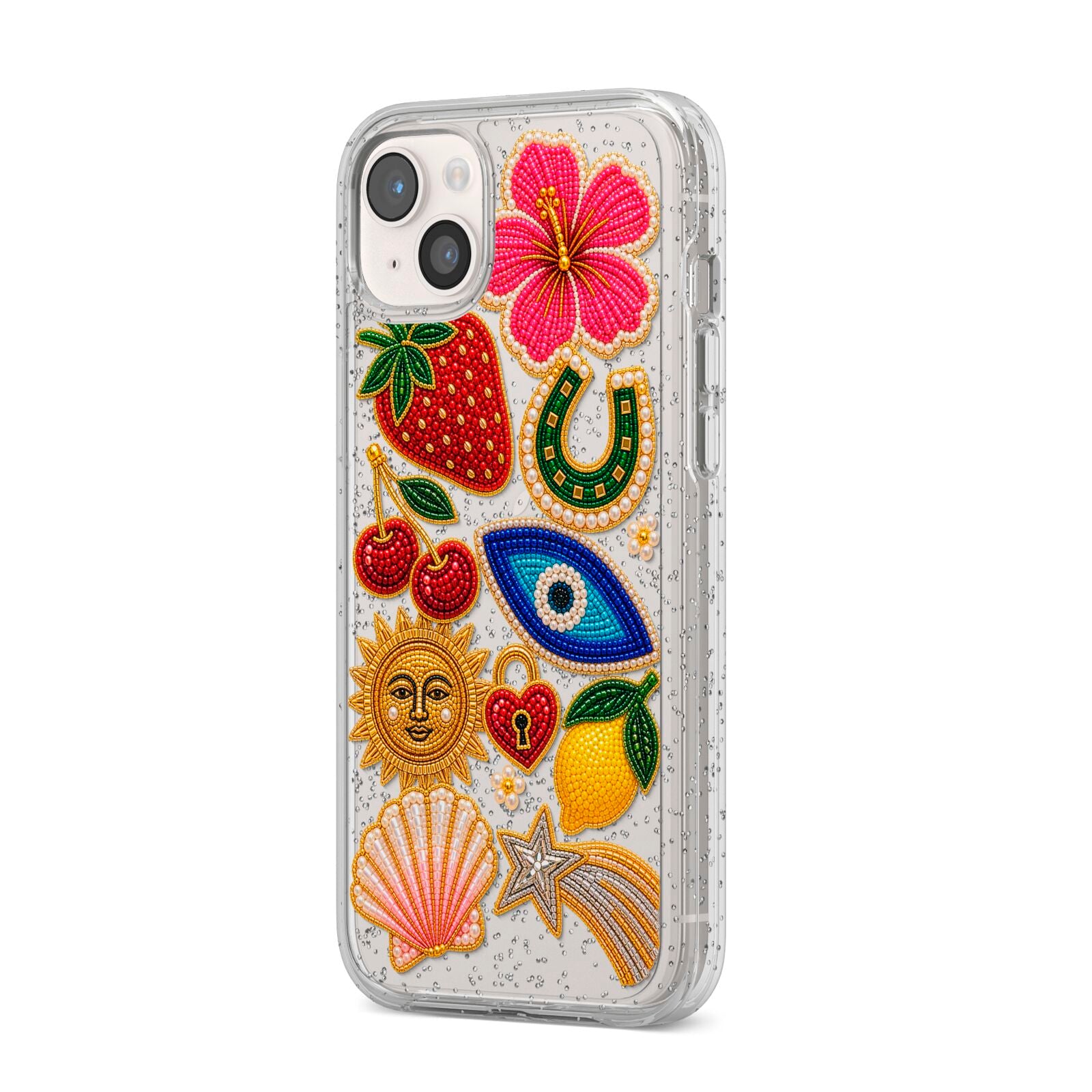 Dolce Fortune Charms iPhone 14 Plus Glitter Tough Case Starlight Angled Image