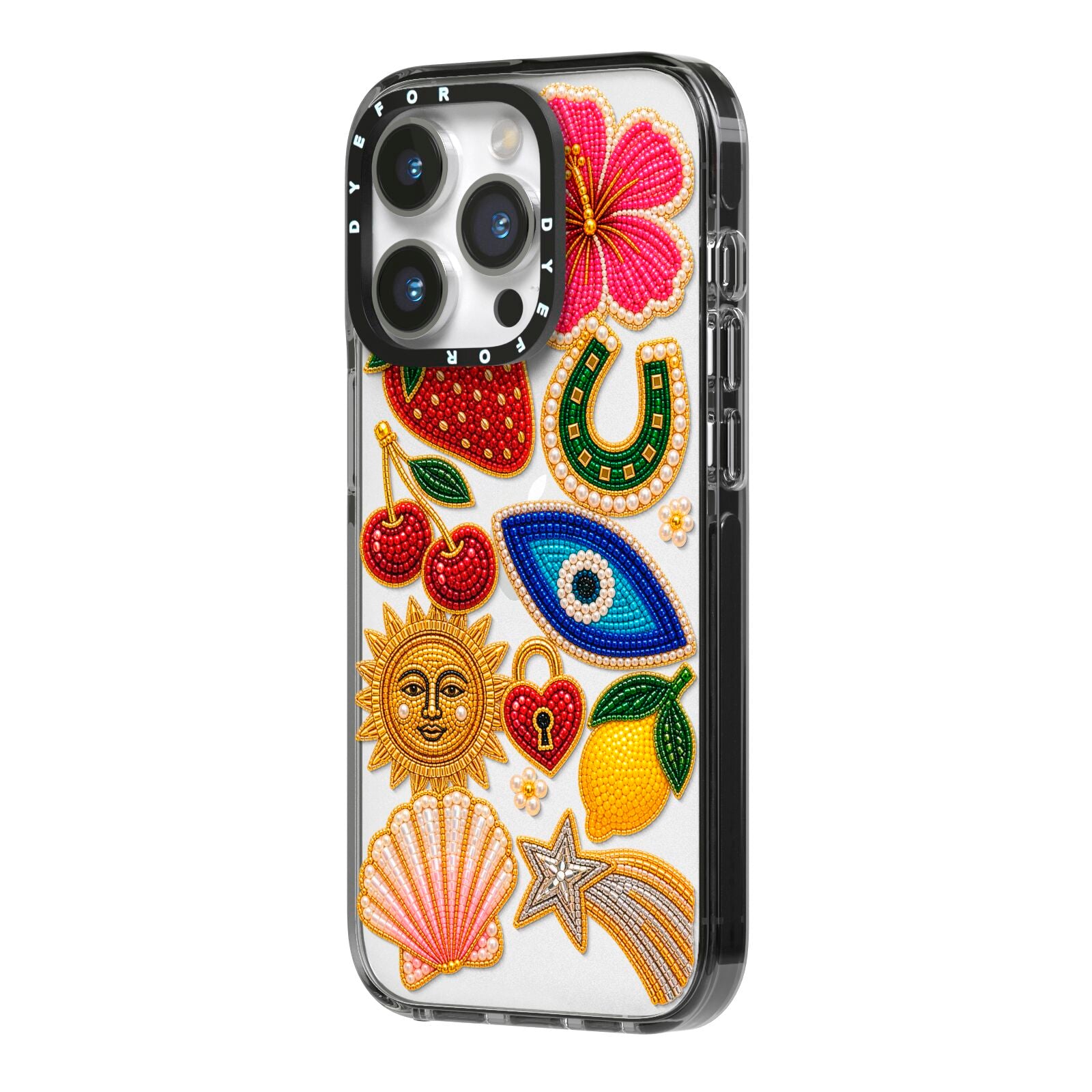 Dolce Fortune Charms iPhone 14 Pro Black Impact Case Side Angle on Silver phone