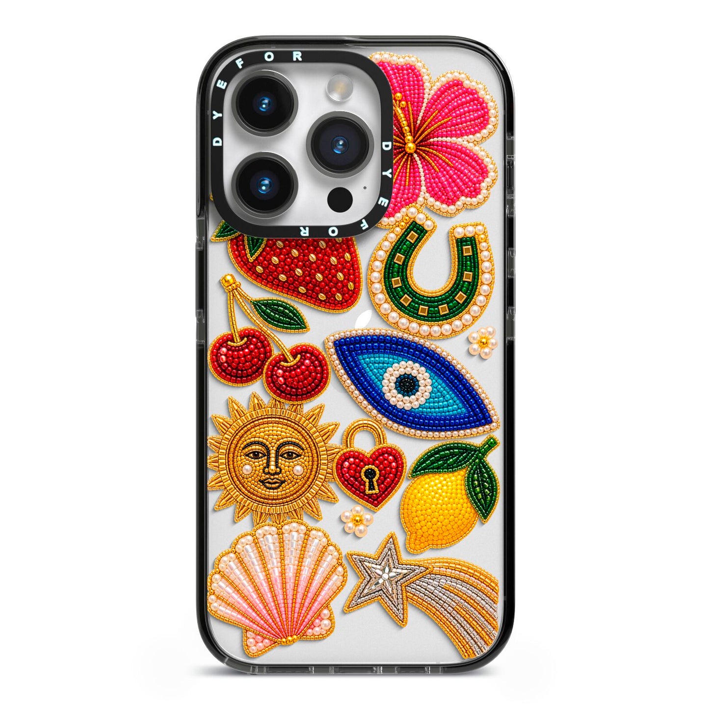 Dolce Fortune Charms iPhone 14 Pro Black Impact Case on Silver phone