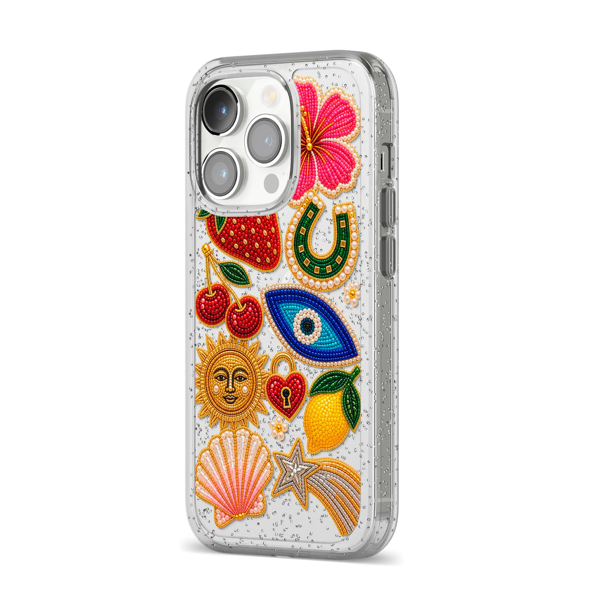 Dolce Fortune Charms iPhone 14 Pro Glitter Tough Case Silver Angled Image