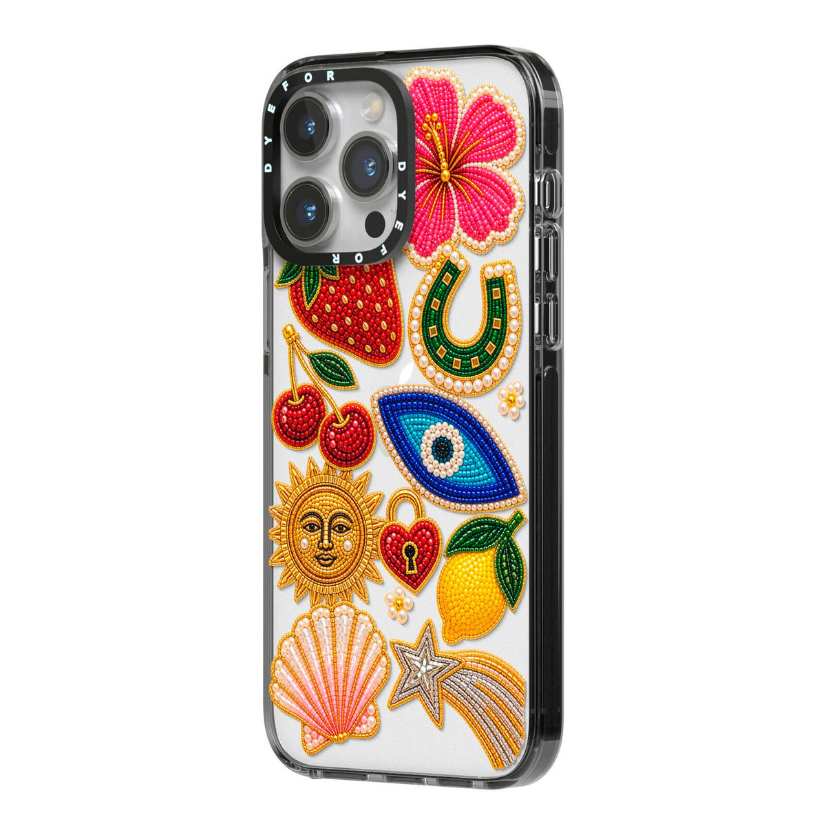Dolce Fortune Charms iPhone 14 Pro Max Black Impact Case Side Angle on Silver phone