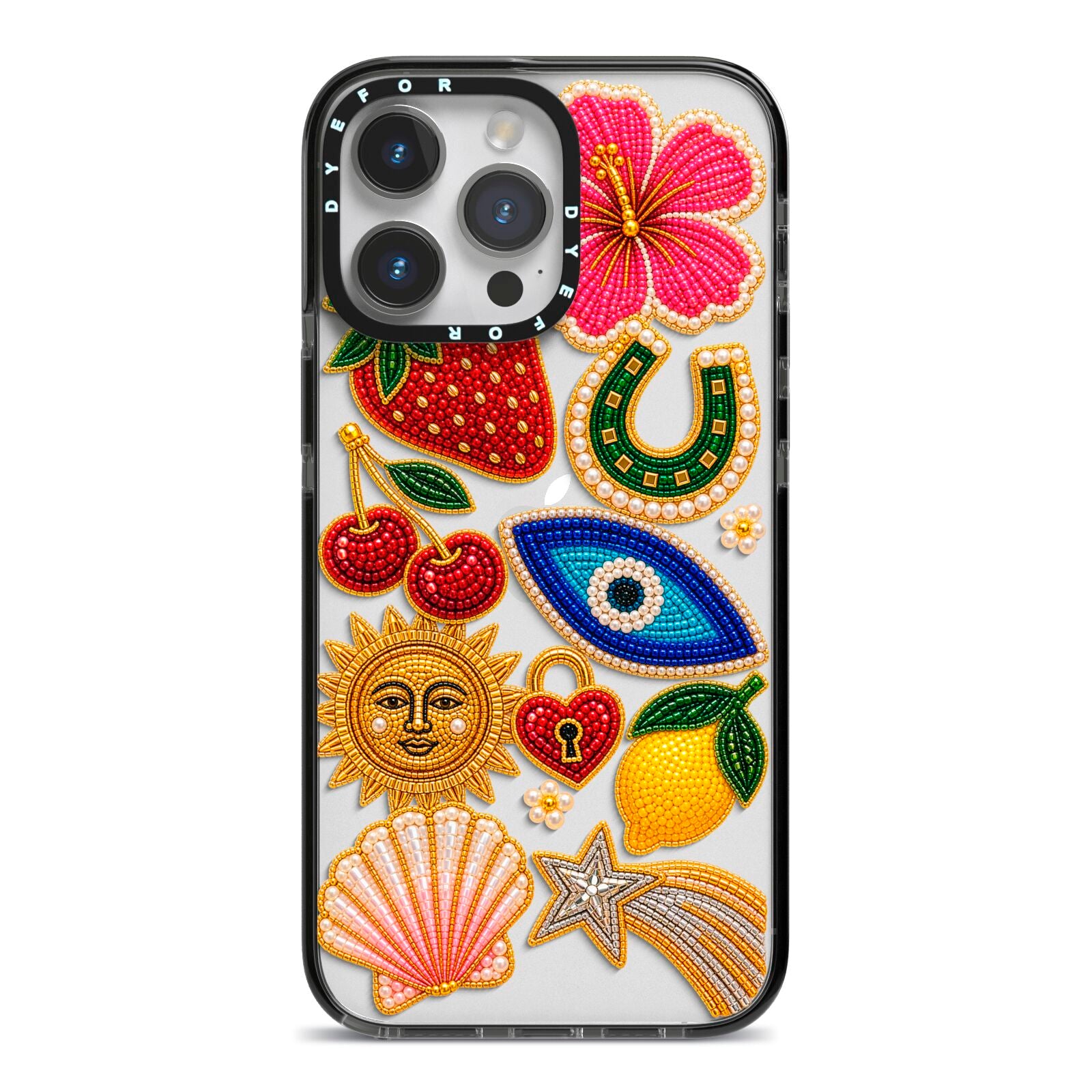 Dolce Fortune Charms iPhone 14 Pro Max Black Impact Case on Silver phone
