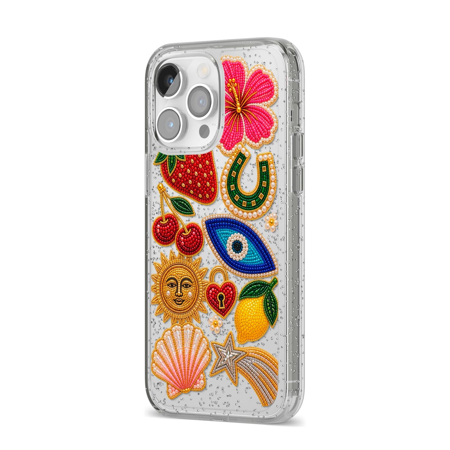 Dolce Fortune Charms iPhone 14 Pro Max Glitter Tough Case Silver Angled Image
