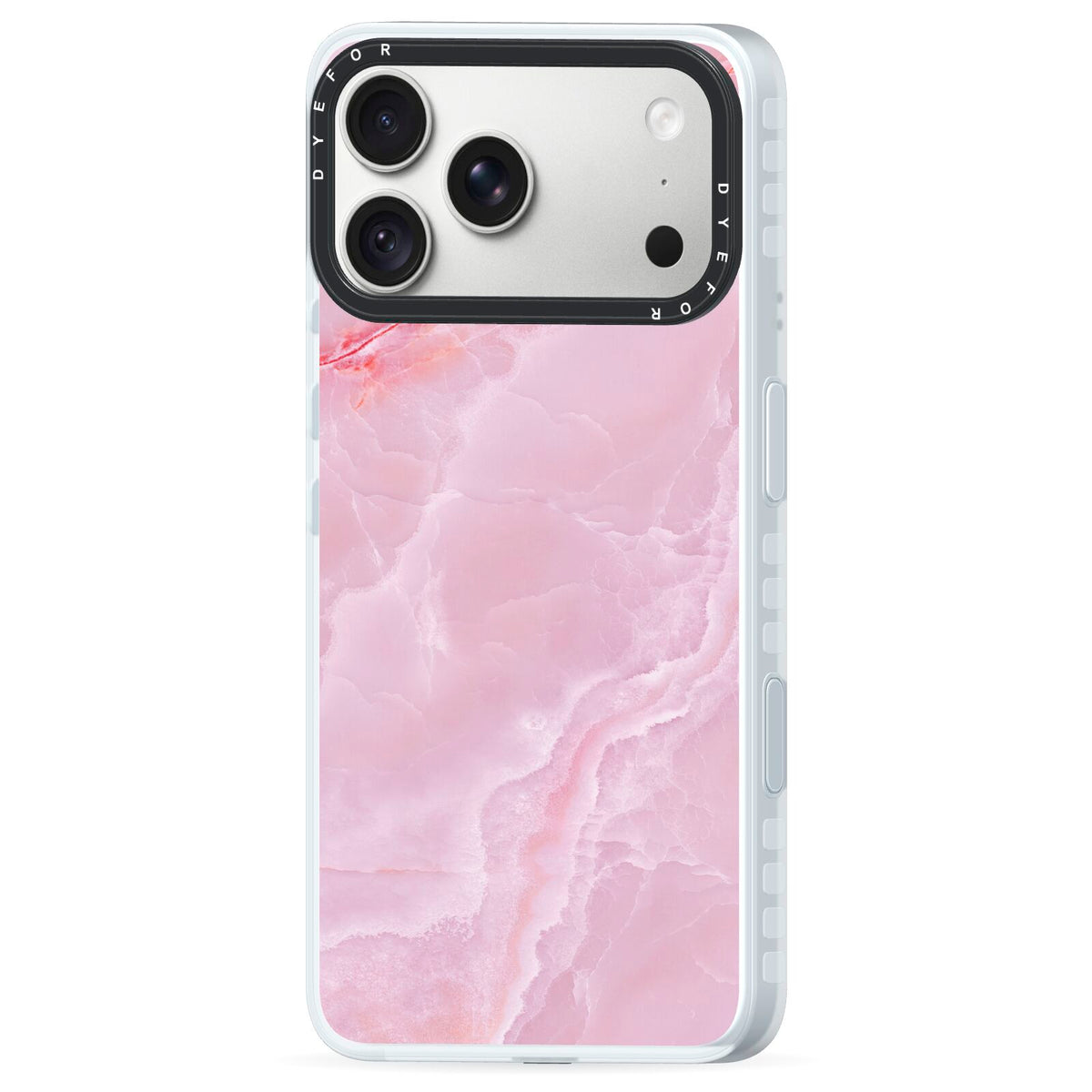 Dreamy Pink Marble iPhone 18 Pro Max Black Impact Pre order Case Side Angle on Silver phone