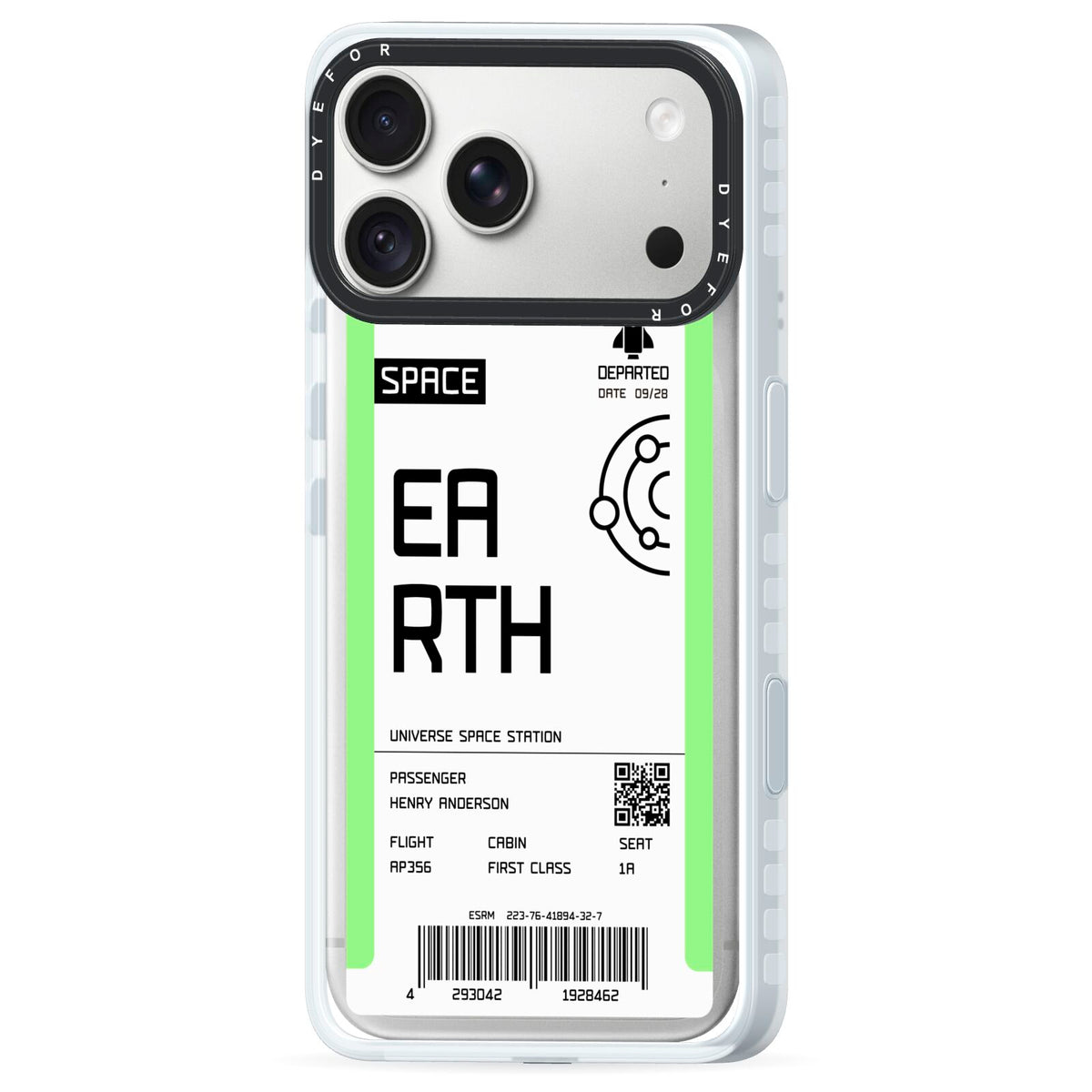 Earth Boarding Pass iPhone 18 Pro Black Impact Pre order Case Side Angle on Silver phone