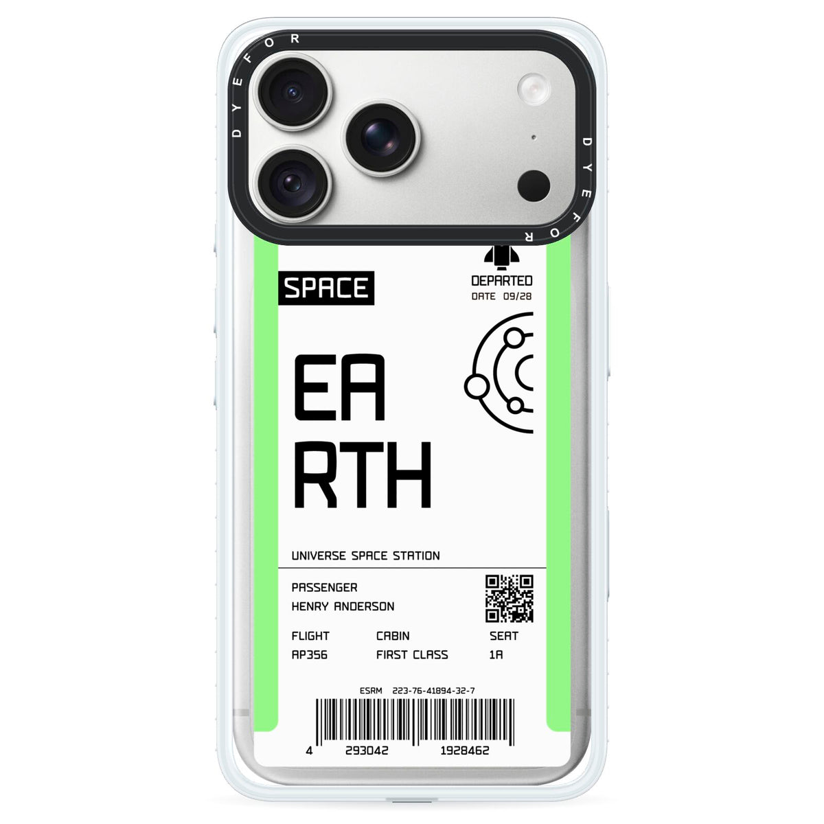 Earth Boarding Pass iPhone 18 Pro Black Impact Pre order Case on Silver phone