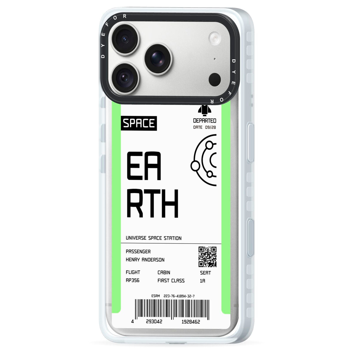 Earth Boarding Pass iPhone 18 Pro Max Black Impact Pre order Case Side Angle on Silver phone