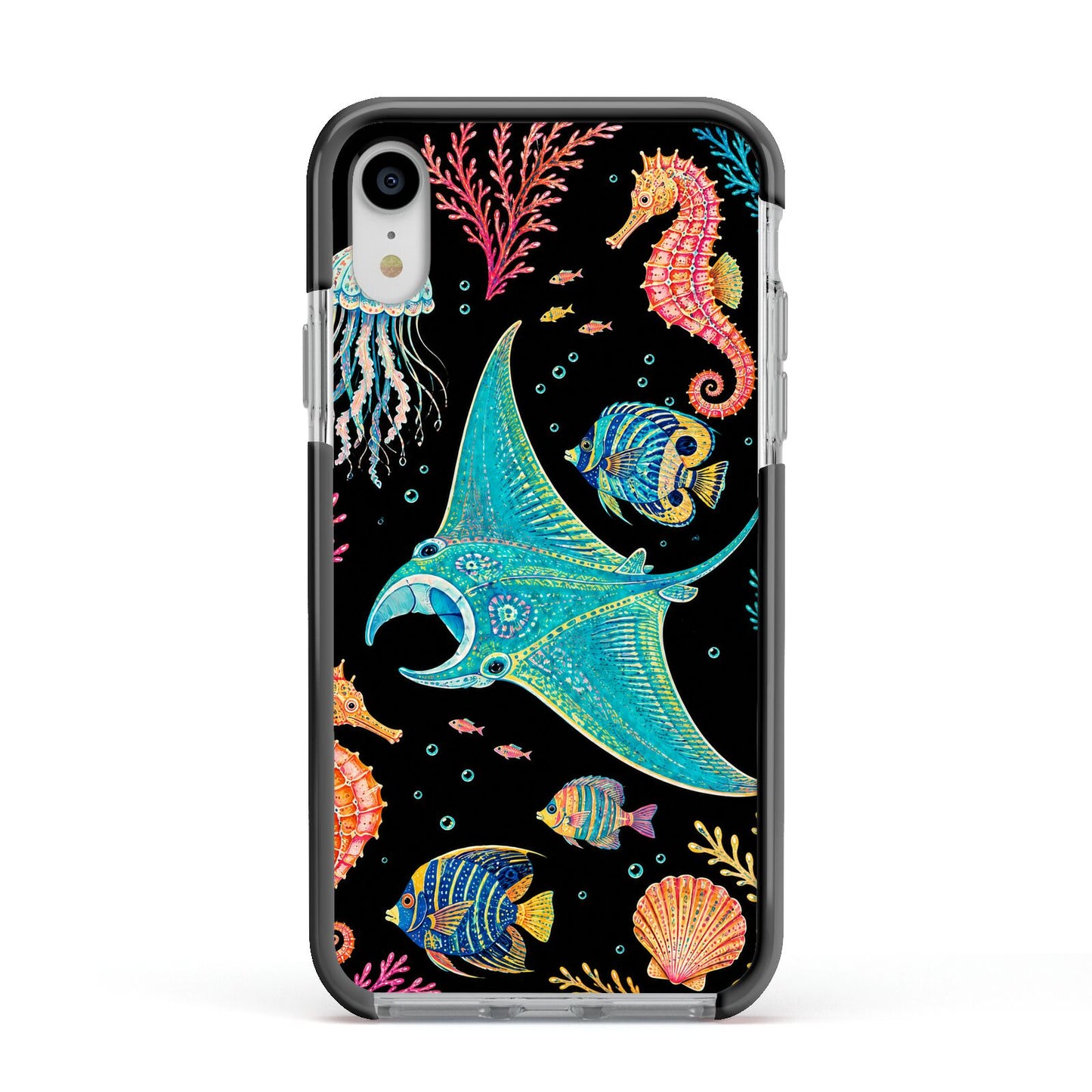 Electric Reef Apple iPhone XR Impact Case Black Edge on Silver Phone