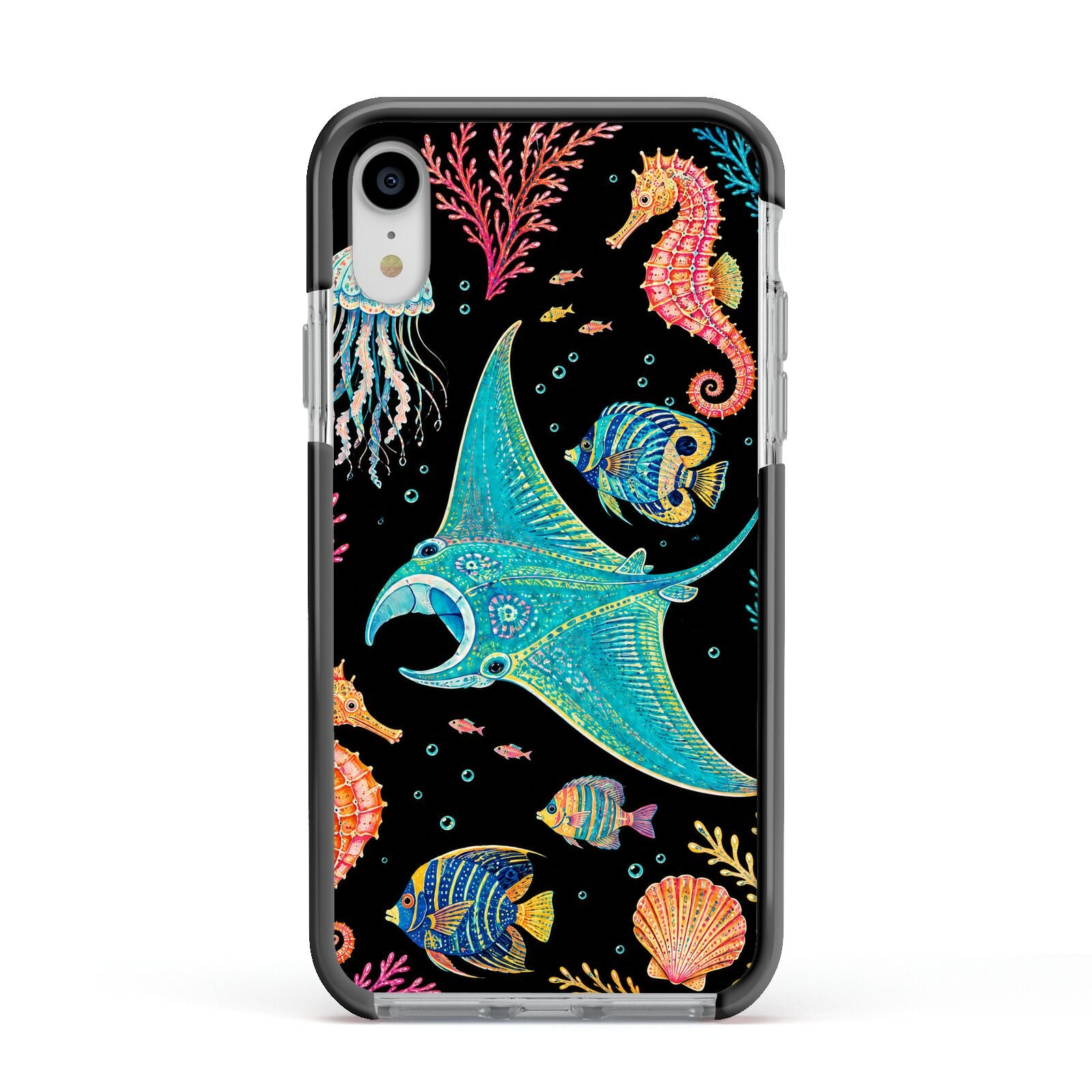 Electric Reef Apple iPhone XR Impact Case Black Edge on Silver Phone