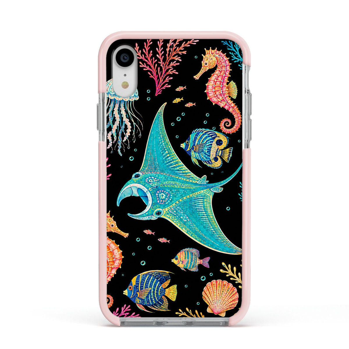 Electric Reef Apple iPhone XR Impact Case Pink Edge on Silver Phone
