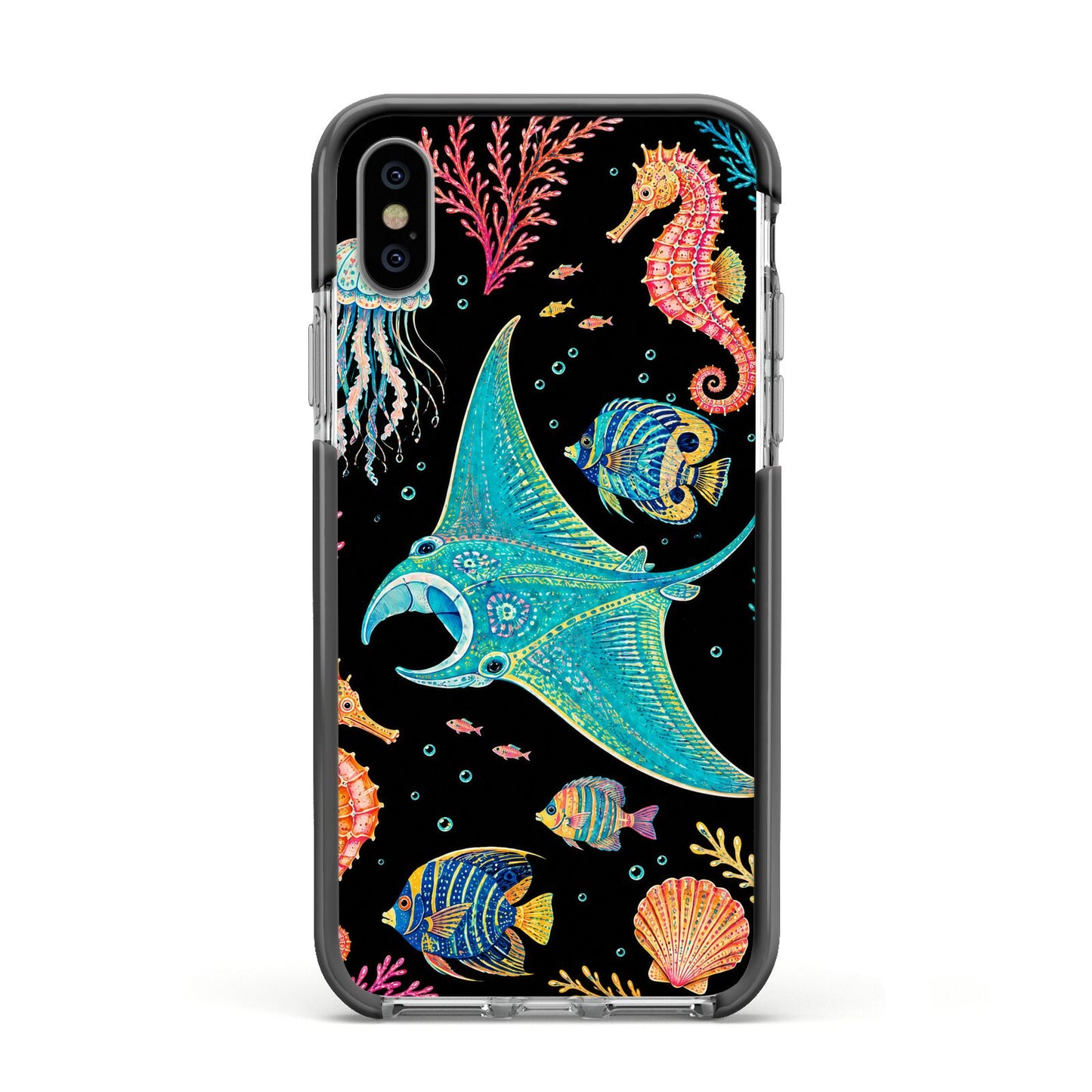 Electric Reef Apple iPhone Xs Impact Case Black Edge on Silver Phone