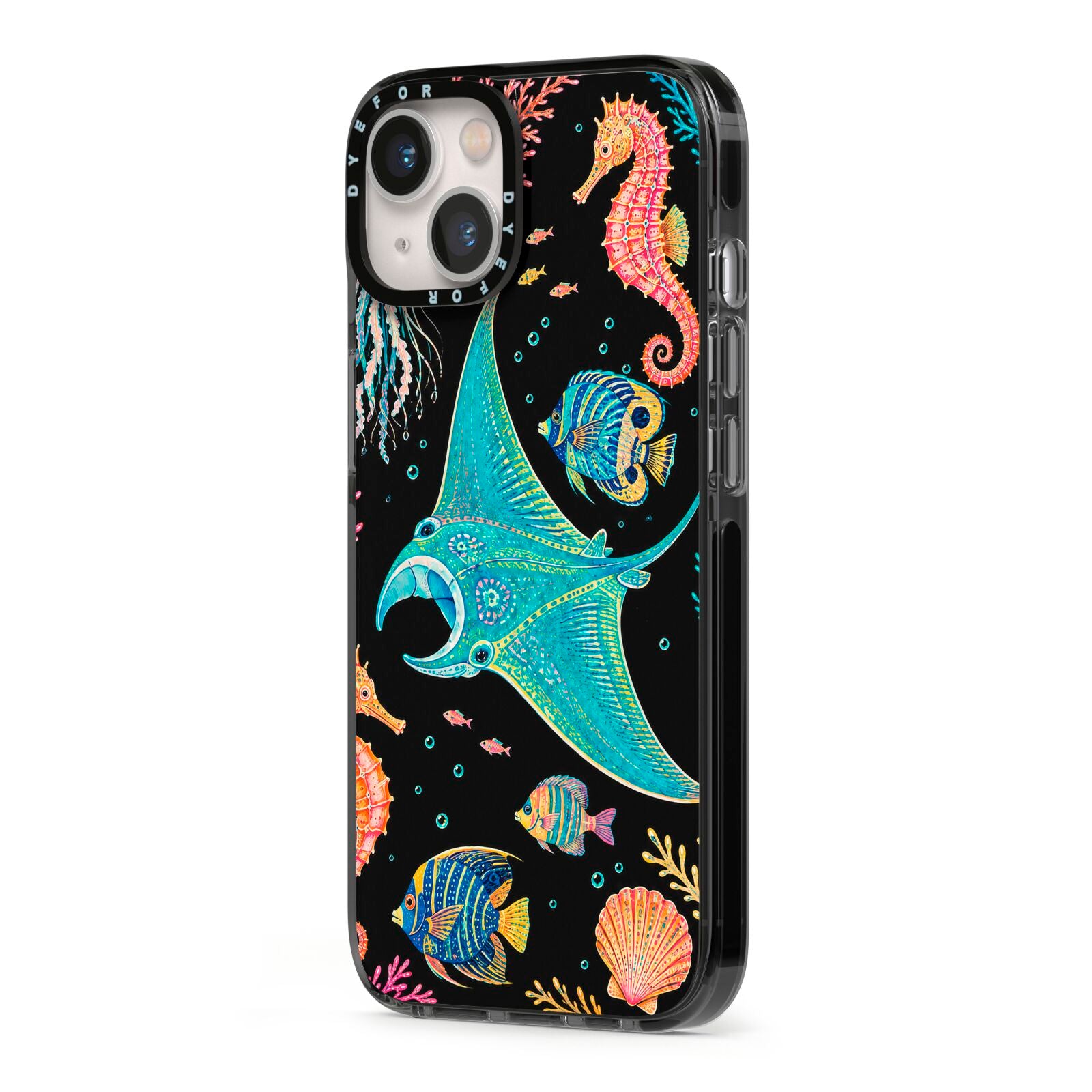 Electric Reef iPhone 13 Black Impact Case Side Angle on Silver phone