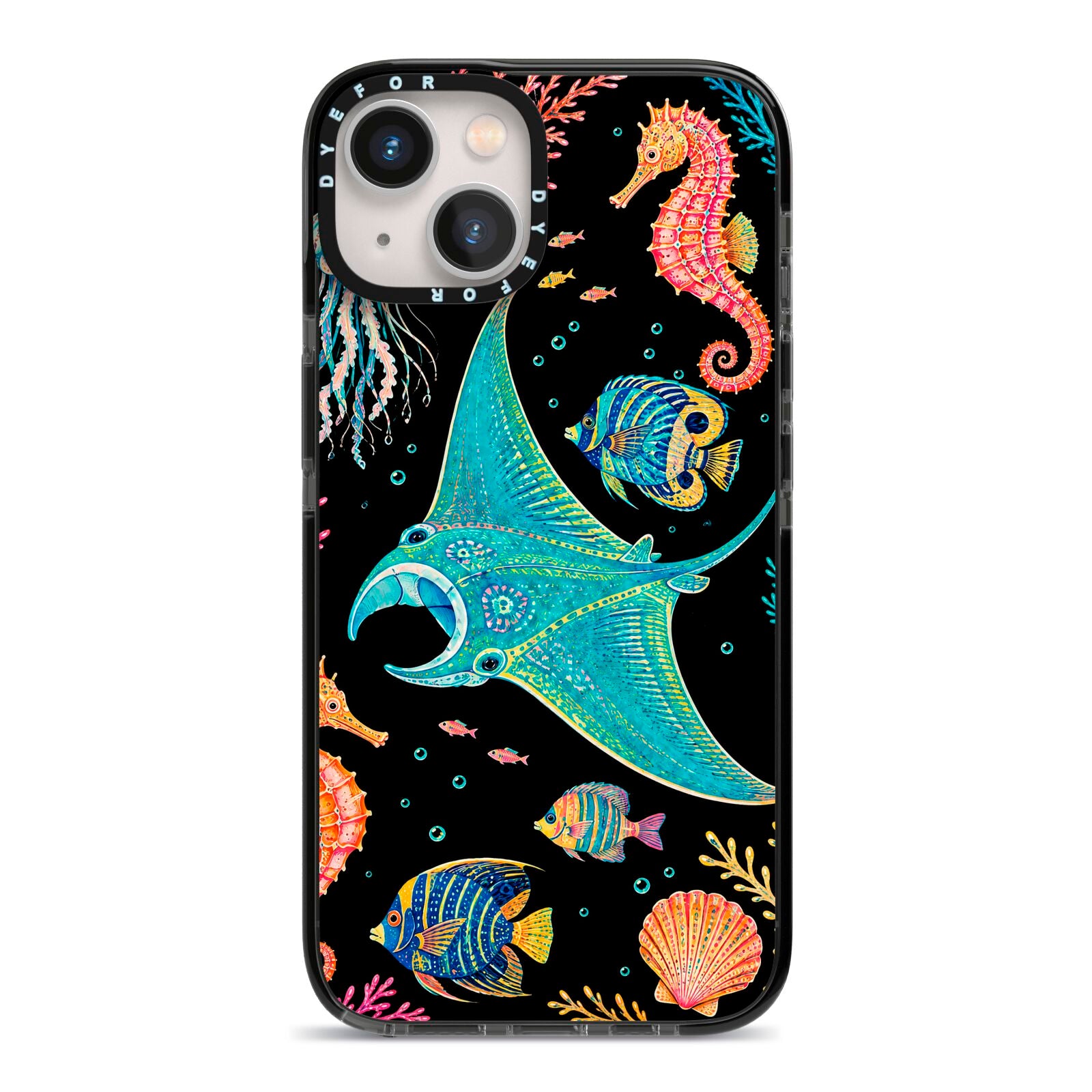 Electric Reef iPhone 13 Black Impact Case on Silver phone