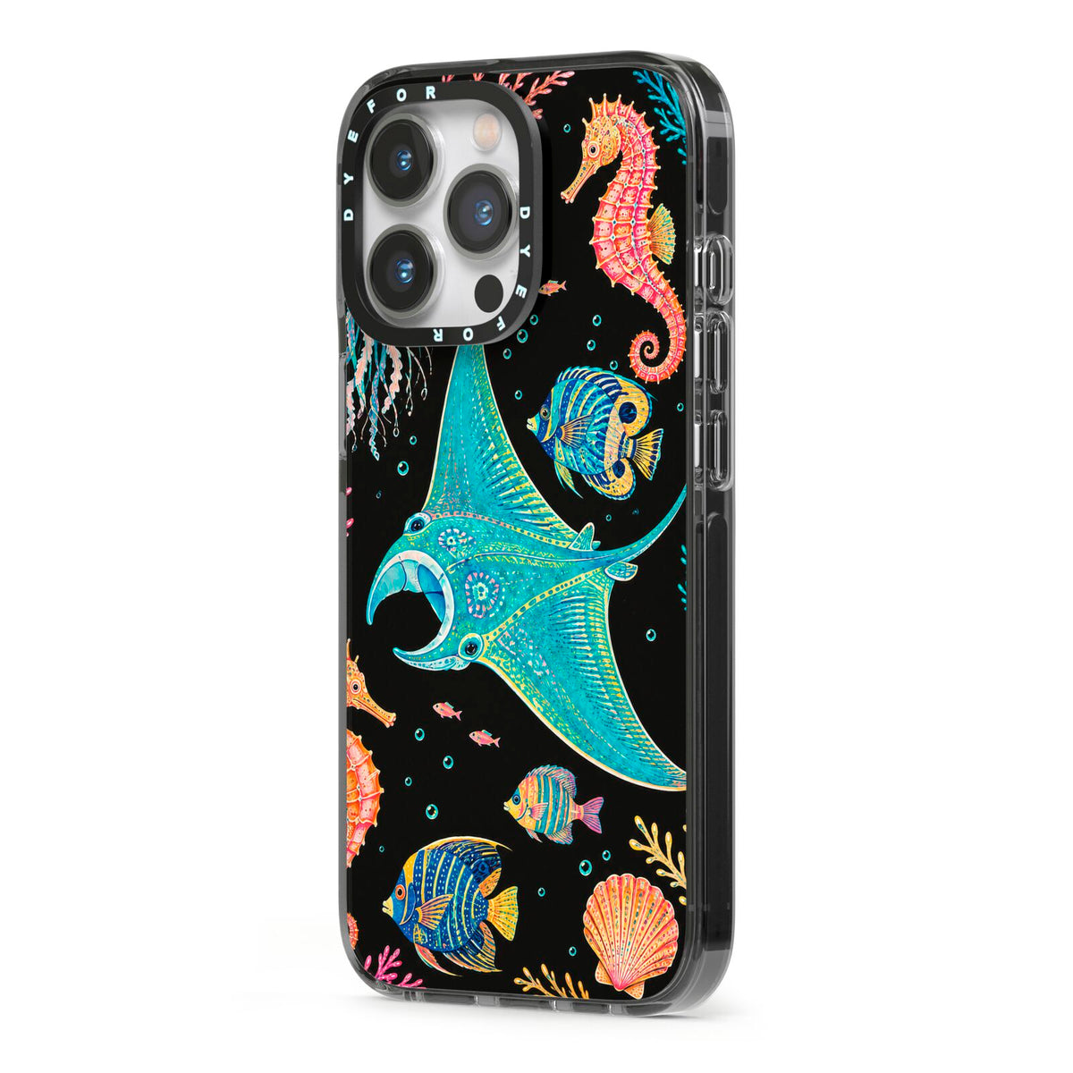 Electric Reef iPhone 13 Pro Black Impact Case Side Angle on Silver phone