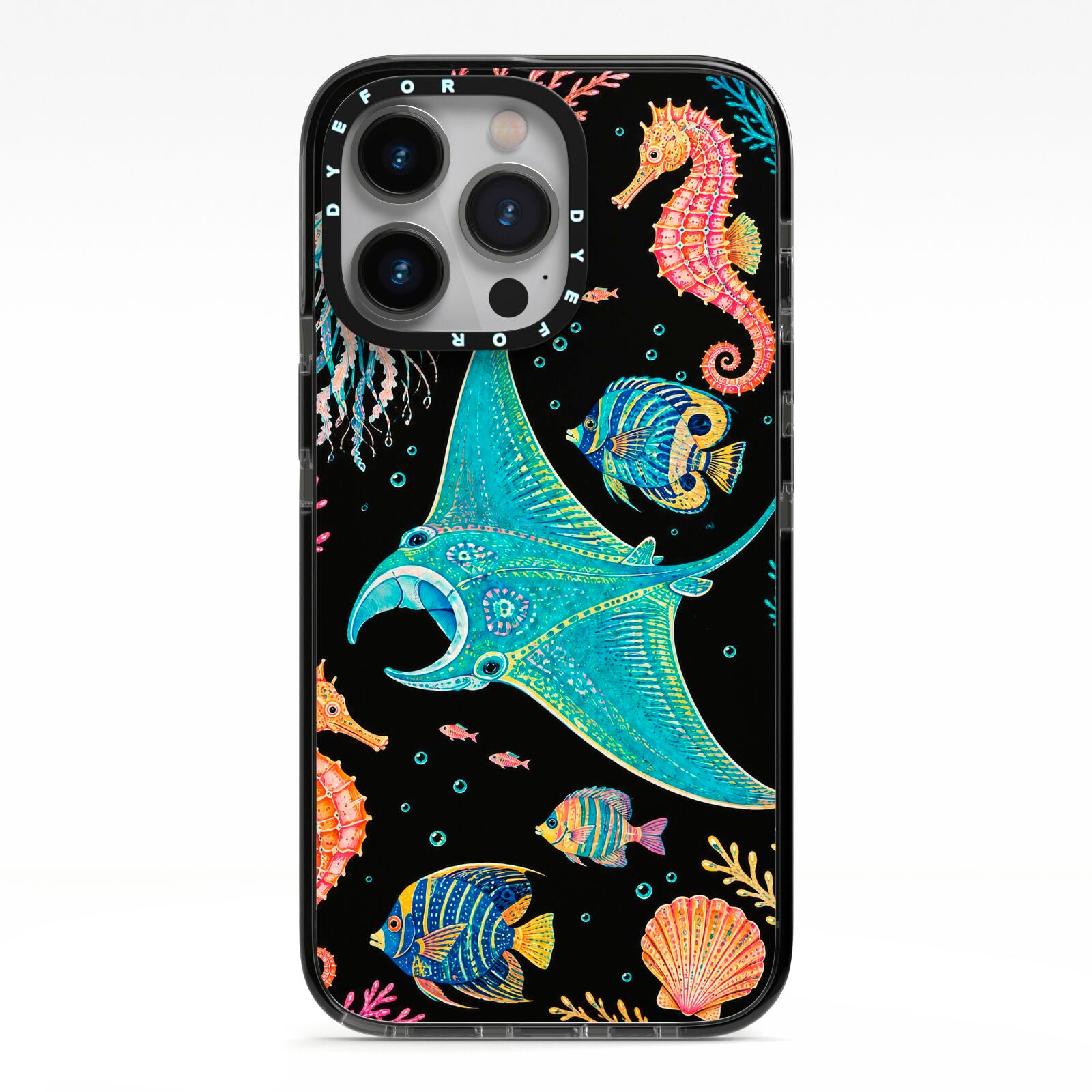 Electric Reef iPhone 13 Pro Black Impact Case on Silver phone