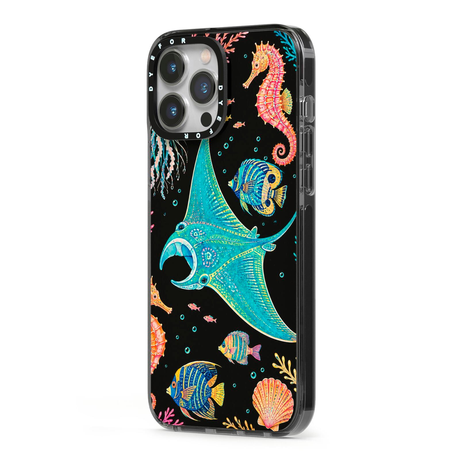 Electric Reef iPhone 13 Pro Max Black Impact Case Side Angle on Silver phone