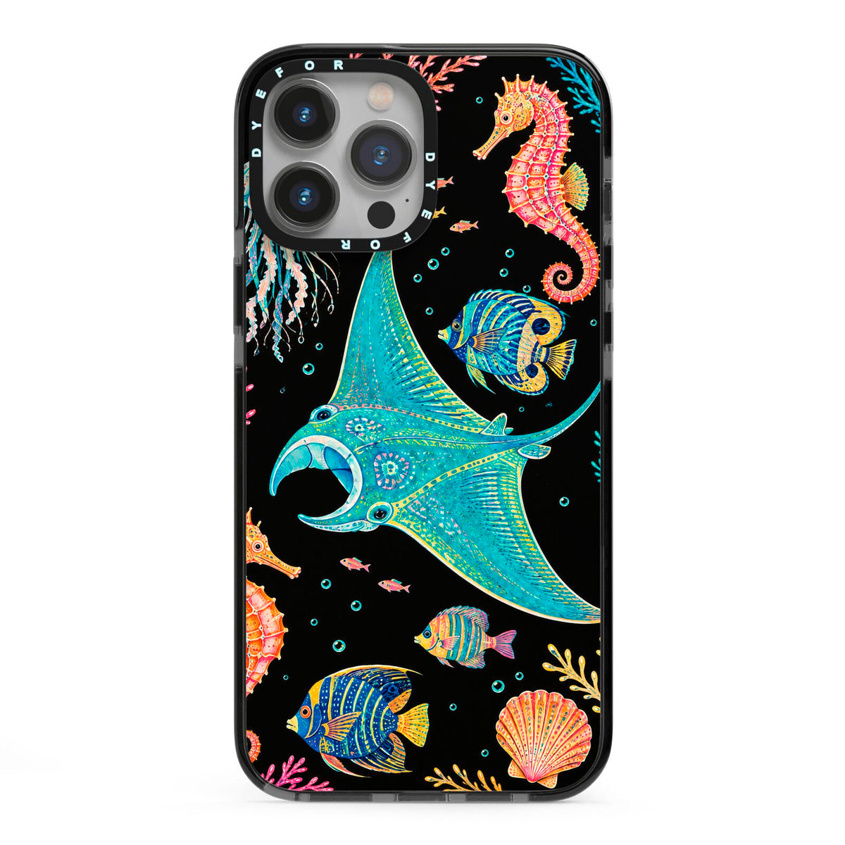 Electric Reef iPhone 13 Pro Max Black Impact Case on Silver phone