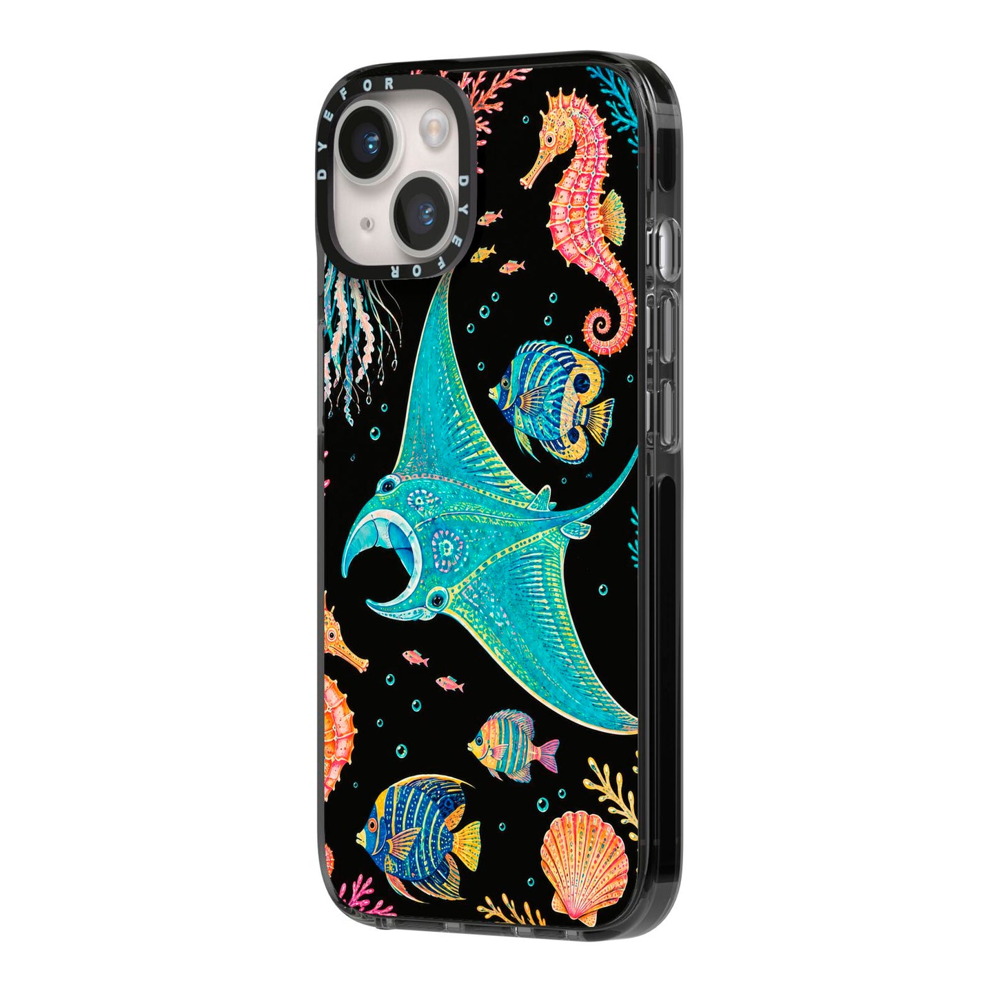 Electric Reef iPhone 14 Black Impact Case Side Angle on Silver phone