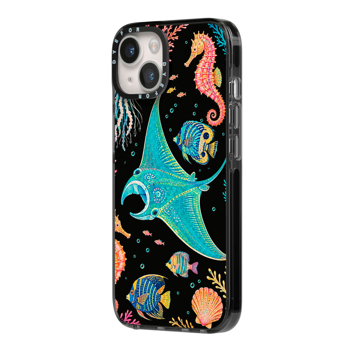 Electric Reef iPhone 14 Black Impact Case Side Angle on Silver phone