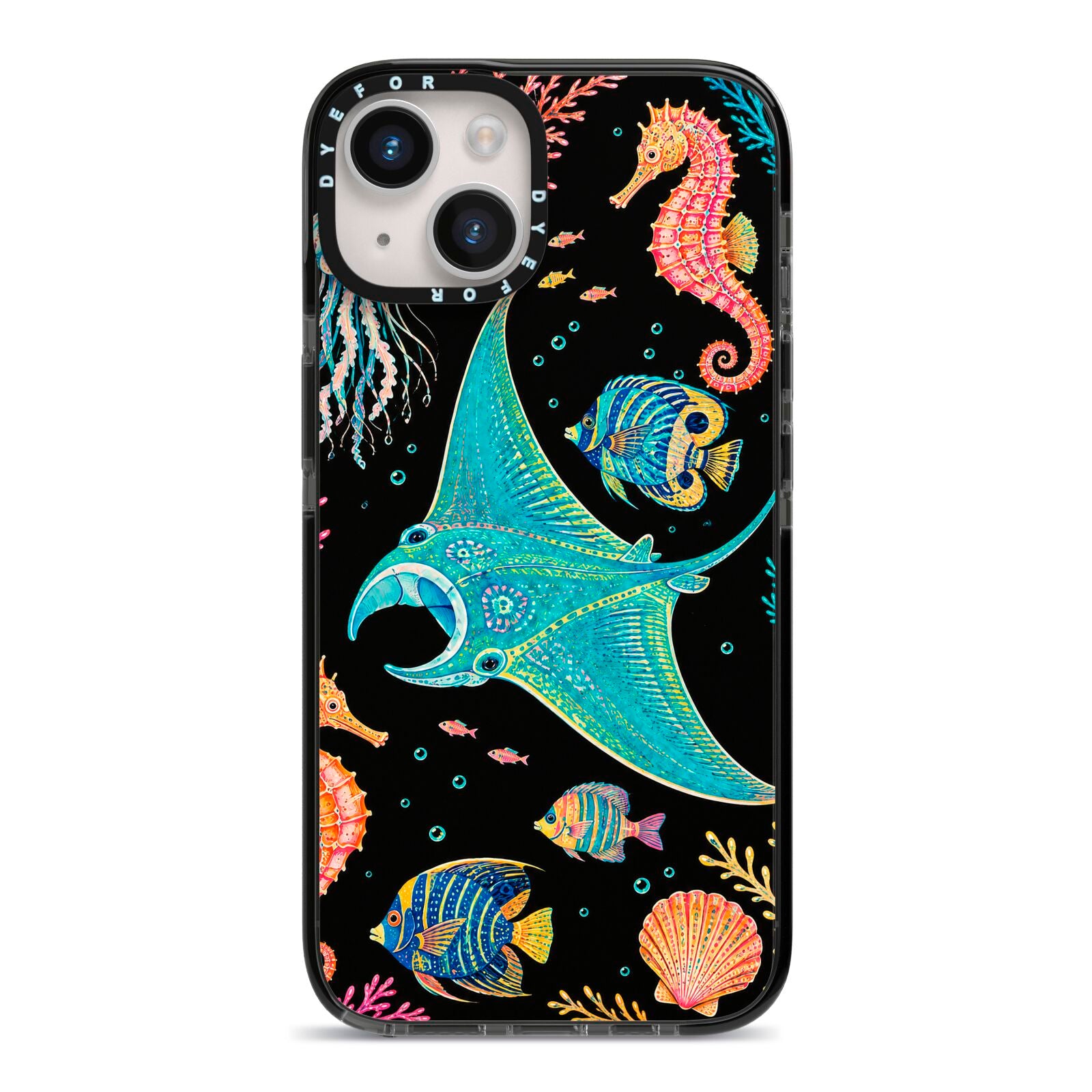 Electric Reef iPhone 14 Black Impact Case on Silver phone