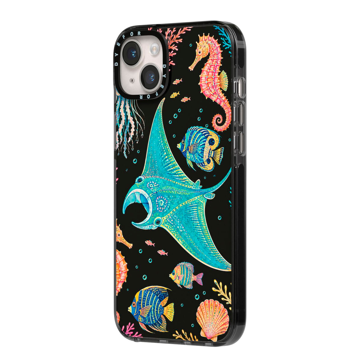 Electric Reef iPhone 14 Plus Black Impact Case Side Angle on Silver phone