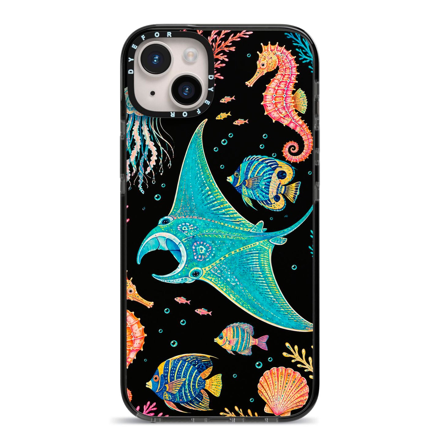 Electric Reef iPhone 14 Plus Black Impact Case on Silver phone