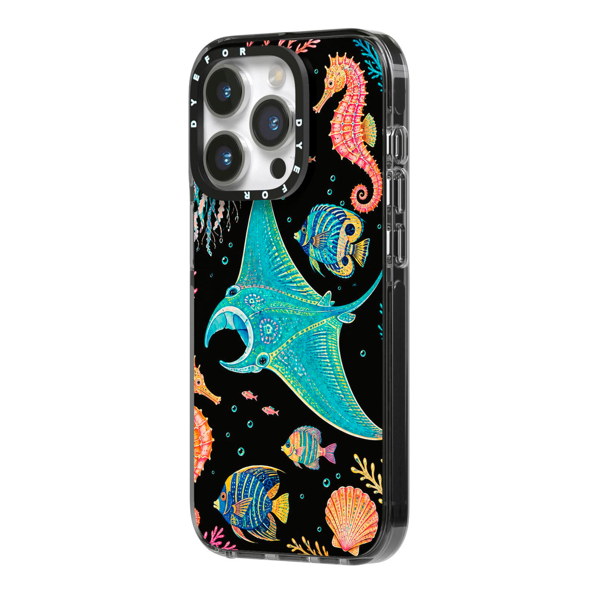 Electric Reef iPhone 14 Pro Black Impact Case Side Angle on Silver phone