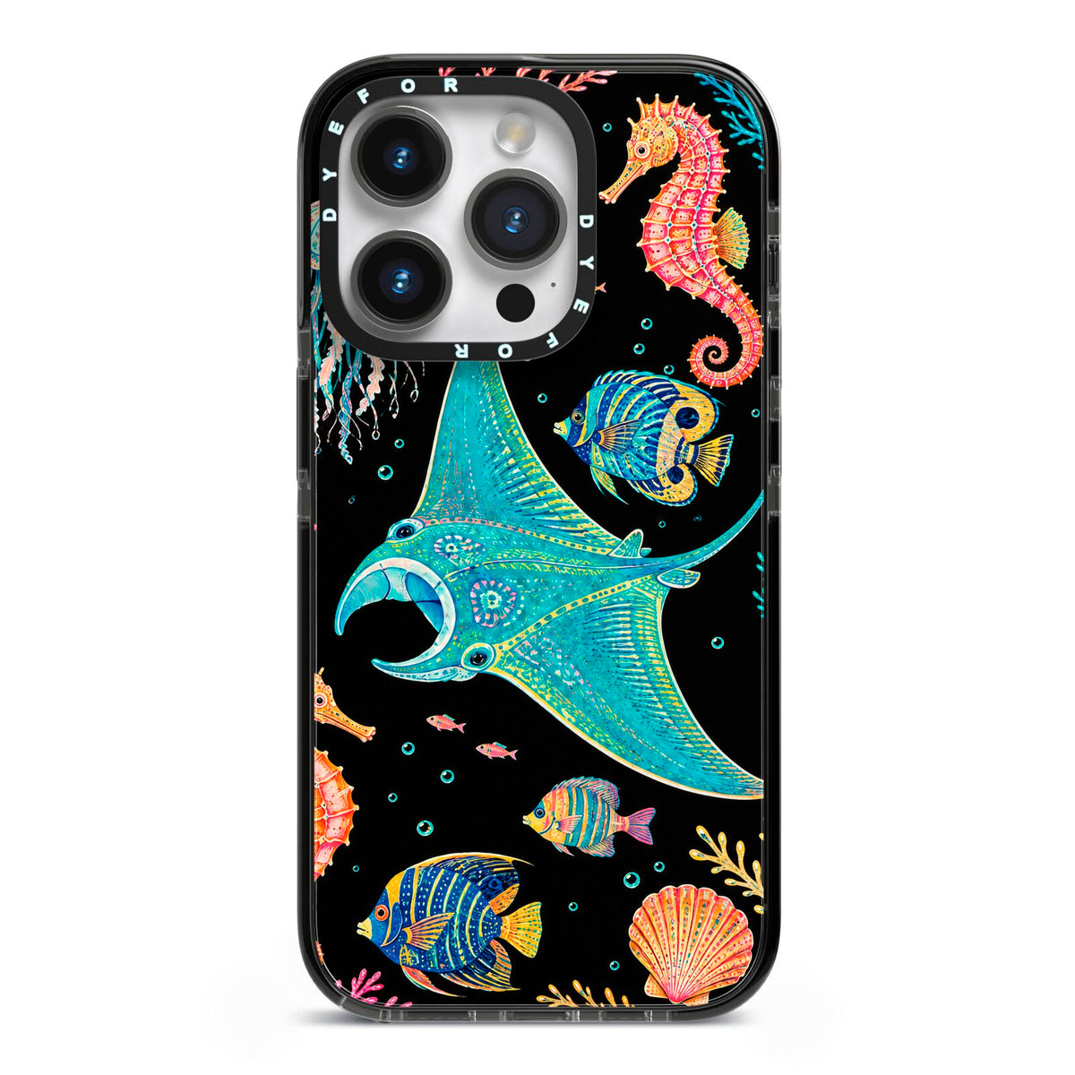 Electric Reef iPhone 14 Pro Black Impact Case on Silver phone
