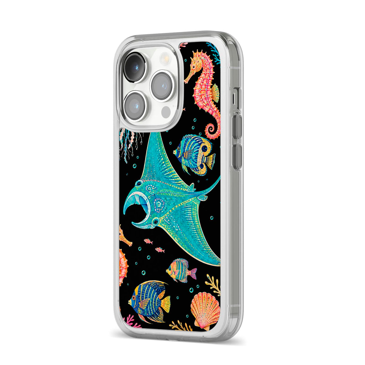 Electric Reef iPhone 14 Pro Clear Tough Case Silver Angled Image