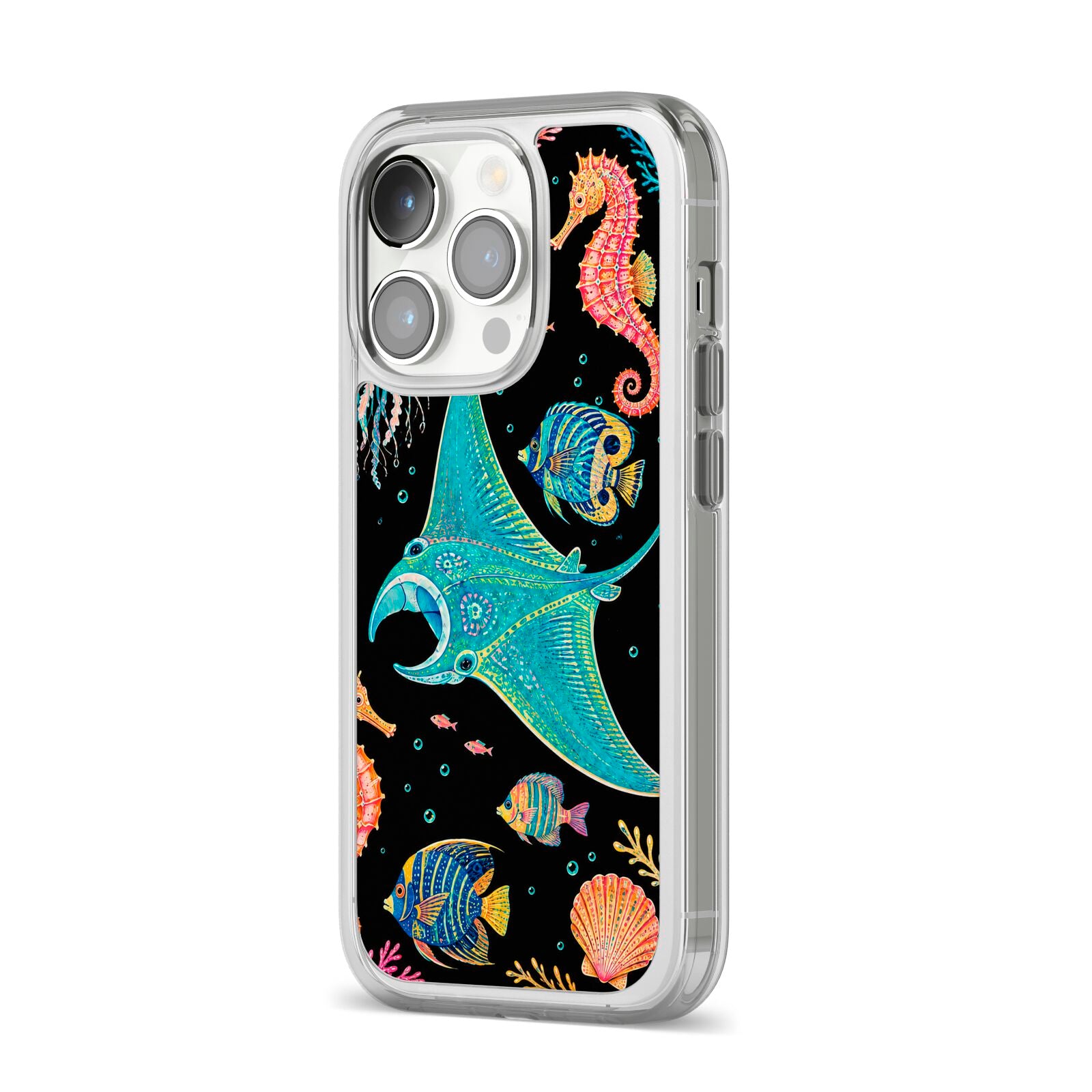 Electric Reef iPhone 14 Pro Clear Tough Case Silver Angled Image