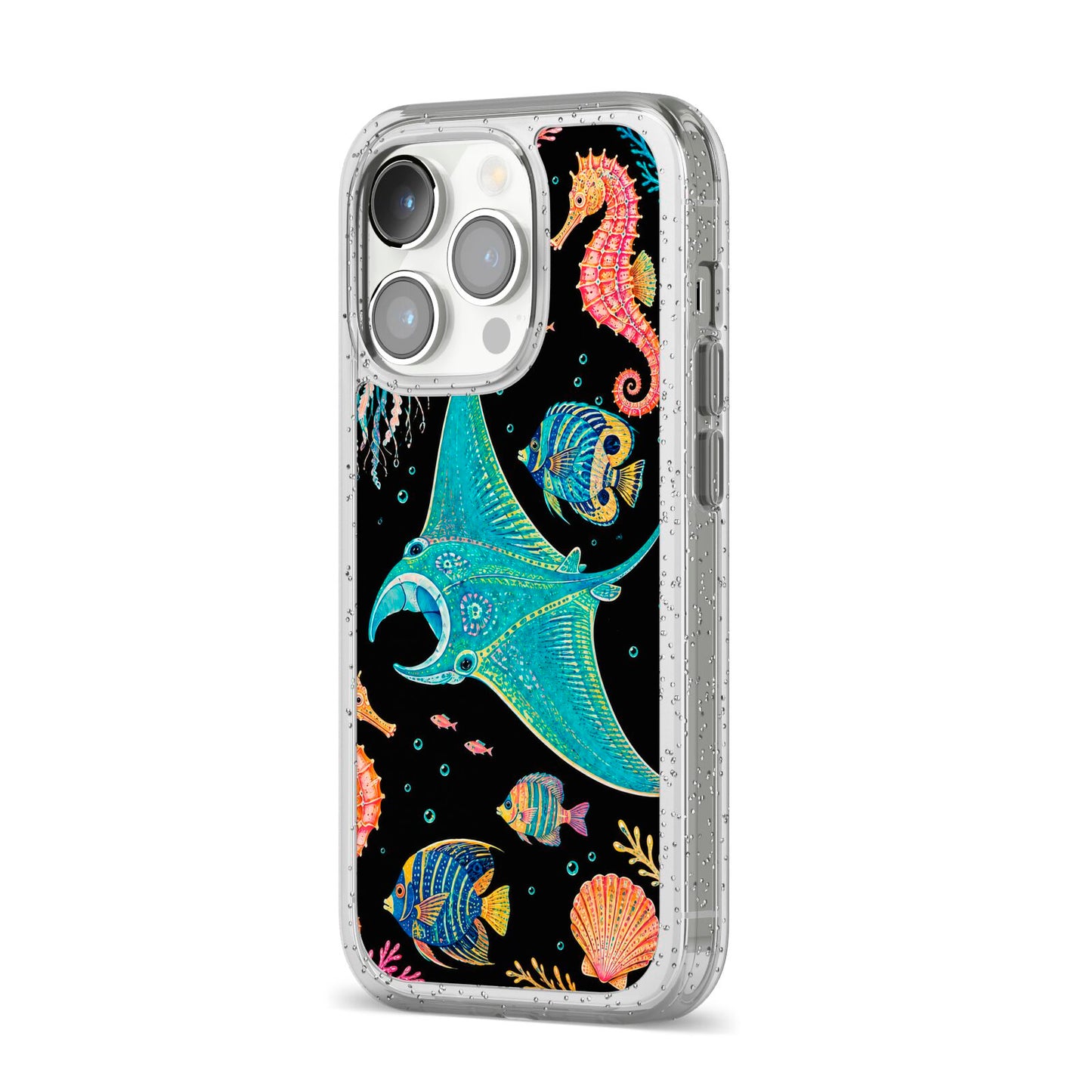 Electric Reef iPhone 14 Pro Glitter Tough Case Silver Angled Image