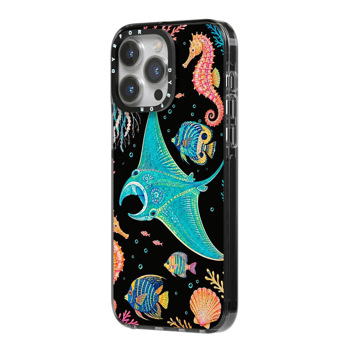 Electric Reef iPhone 14 Pro Max Black Impact Case Side Angle on Silver phone