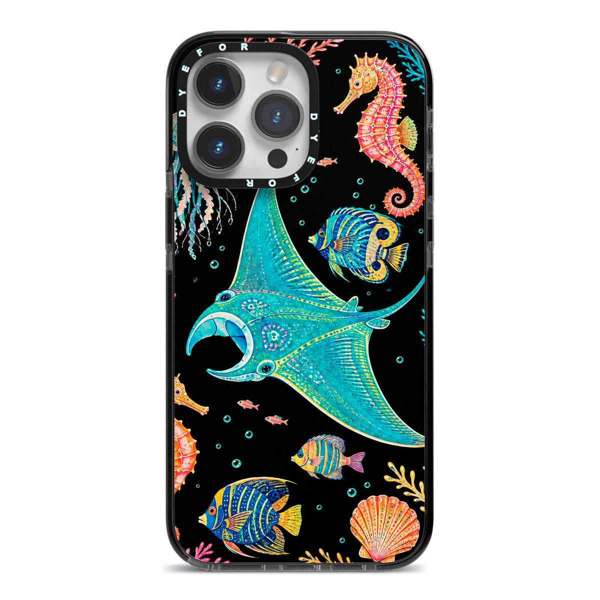 Electric Reef iPhone 14 Pro Max Black Impact Case on Silver phone