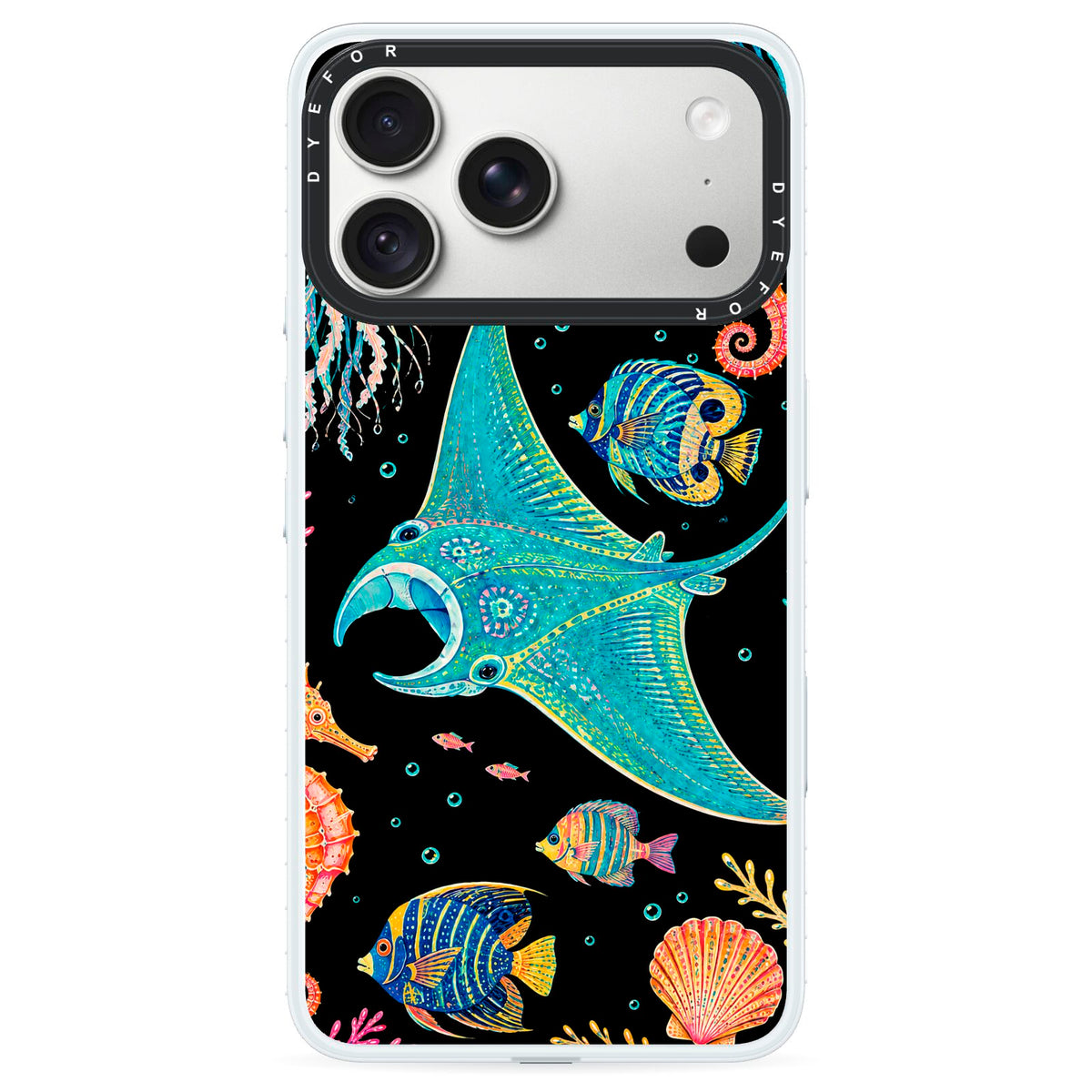 Electric Reef iPhone 18 Pro Black Impact Pre order Case on Silver phone