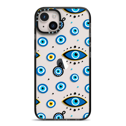 Evil Eye Protection Pattern iPhone 14 Plus Black Impact Case on Silver phone